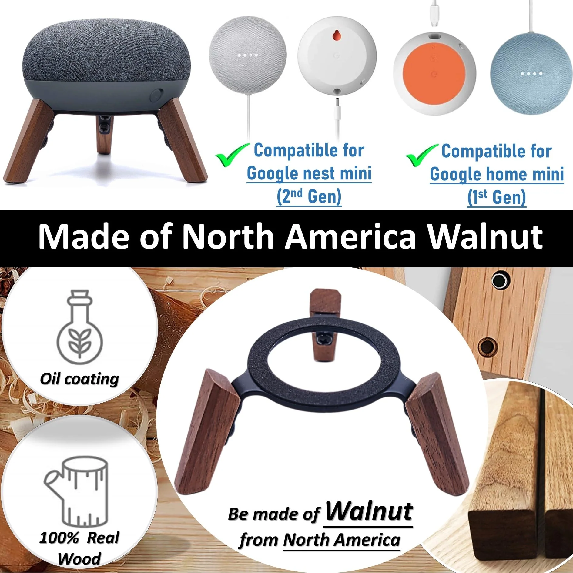 Real Wood Mount compatible for google home mini,nest mini speaker,Tripod Mount holder with Metal Frame,Anti-Slip Safe Stable wooden stand for home Mini on Desk (Walnut) - Image 5