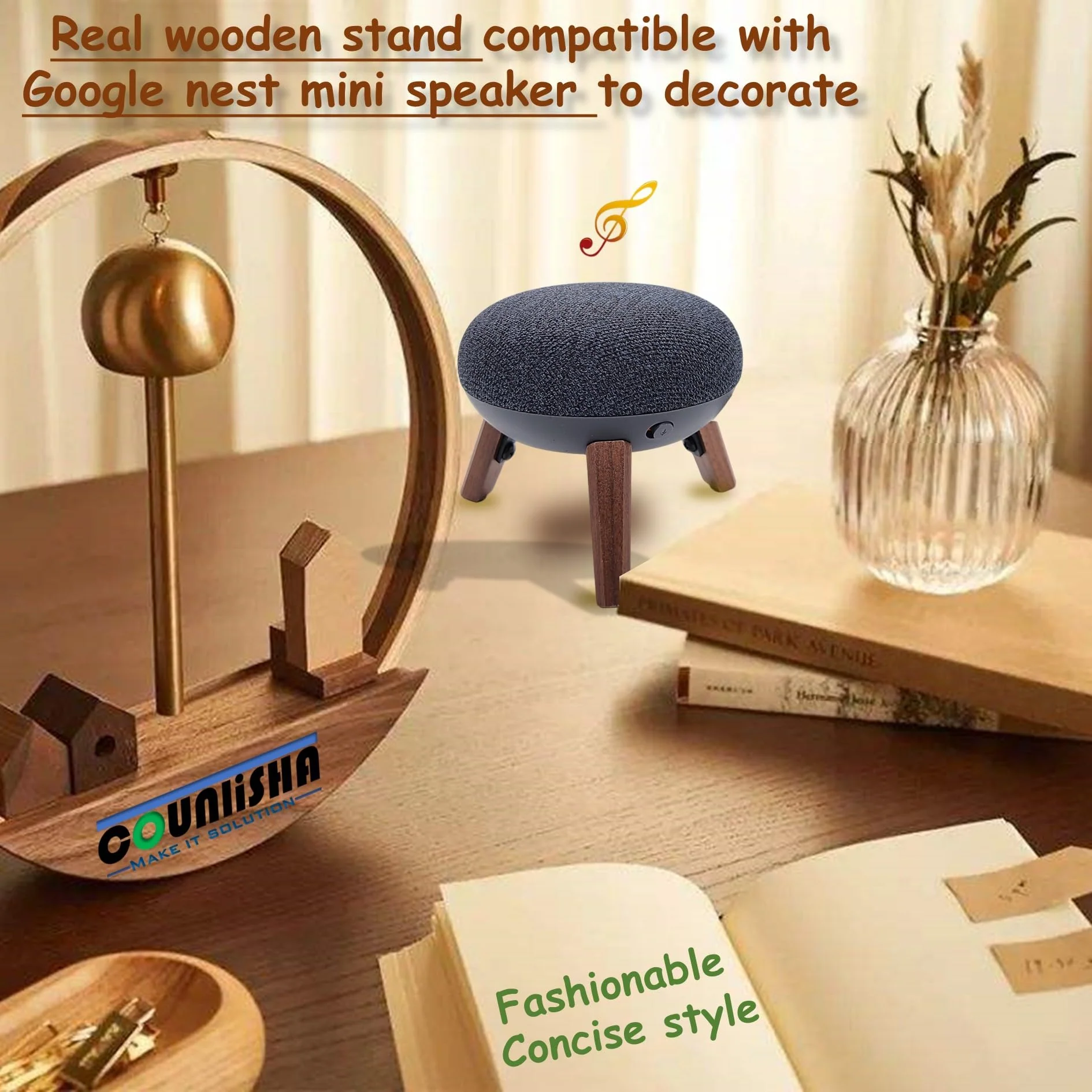 Real Wood Mount compatible for google home mini,nest mini speaker,Tripod Mount holder with Metal Frame,Anti-Slip Safe Stable wooden stand for home Mini on Desk (Walnut) - Image 6