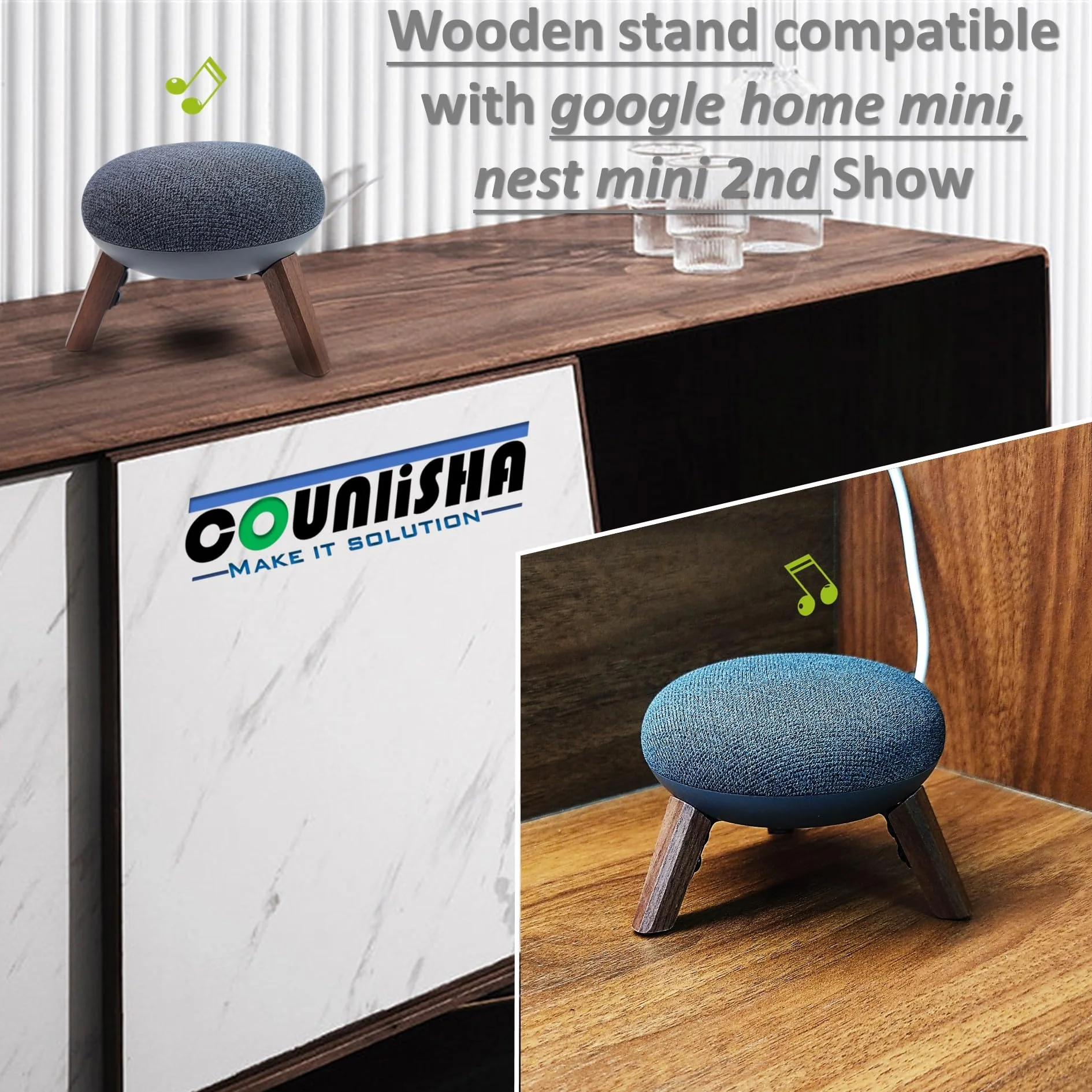 Real Wood Mount compatible for google home mini,nest mini speaker,Tripod Mount holder with Metal Frame,Anti-Slip Safe Stable wooden stand for home Mini on Desk (Walnut) - Image 7