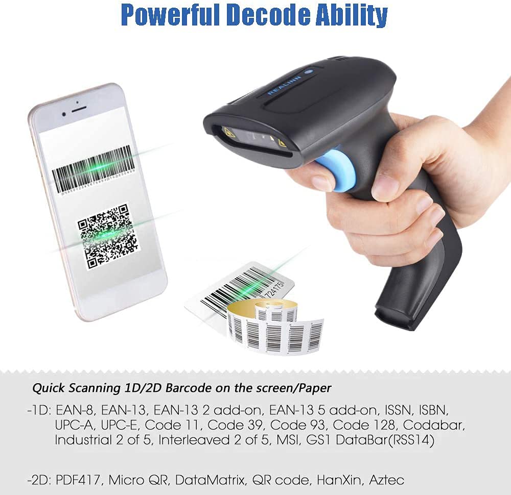 REALINN Wireless 2D QR Barcode Scanner Rechargeable Automatic Handheld Code Reader Dustproof Waterproof Shockproof Fast and Precide for Mobile Payment, Store, Supermarket, Warehouse - Image 3