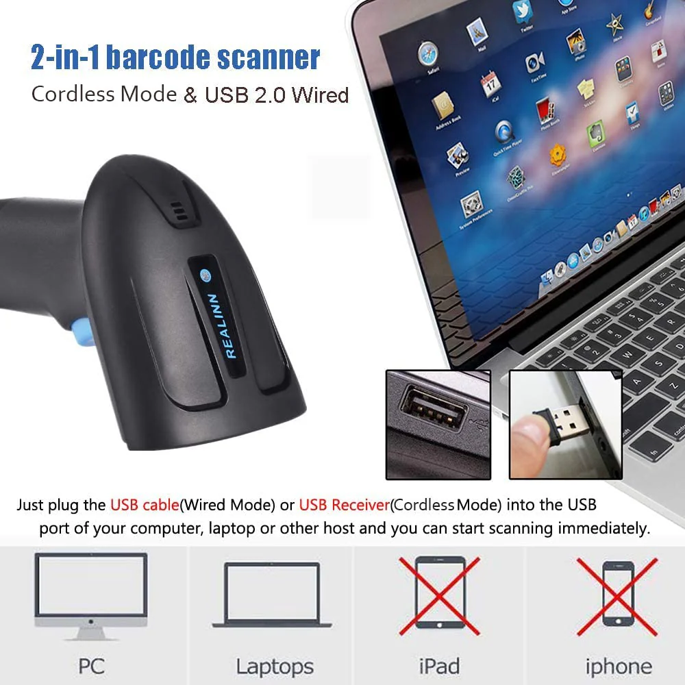REALINN Wireless 2D QR Barcode Scanner Rechargeable Automatic Handheld Code Reader Dustproof Waterproof Shockproof Fast and Precide for Mobile Payment, Store, Supermarket, Warehouse - Image 5
