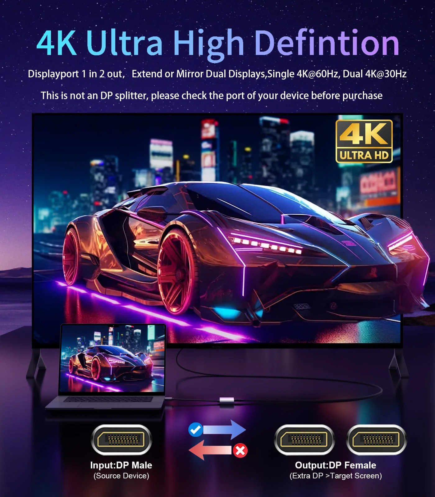 Reborn DisplayPort to Dual DisplayPort Splitter 4K@60Hz Display Port Splitter 1 in 2 Out for Dual Monitor Extended Display DP Source to 2 DP Adapter with PC, Graphics Card, Lenovo, HP and More MST-DP to Dual DP Adapter - Image 2