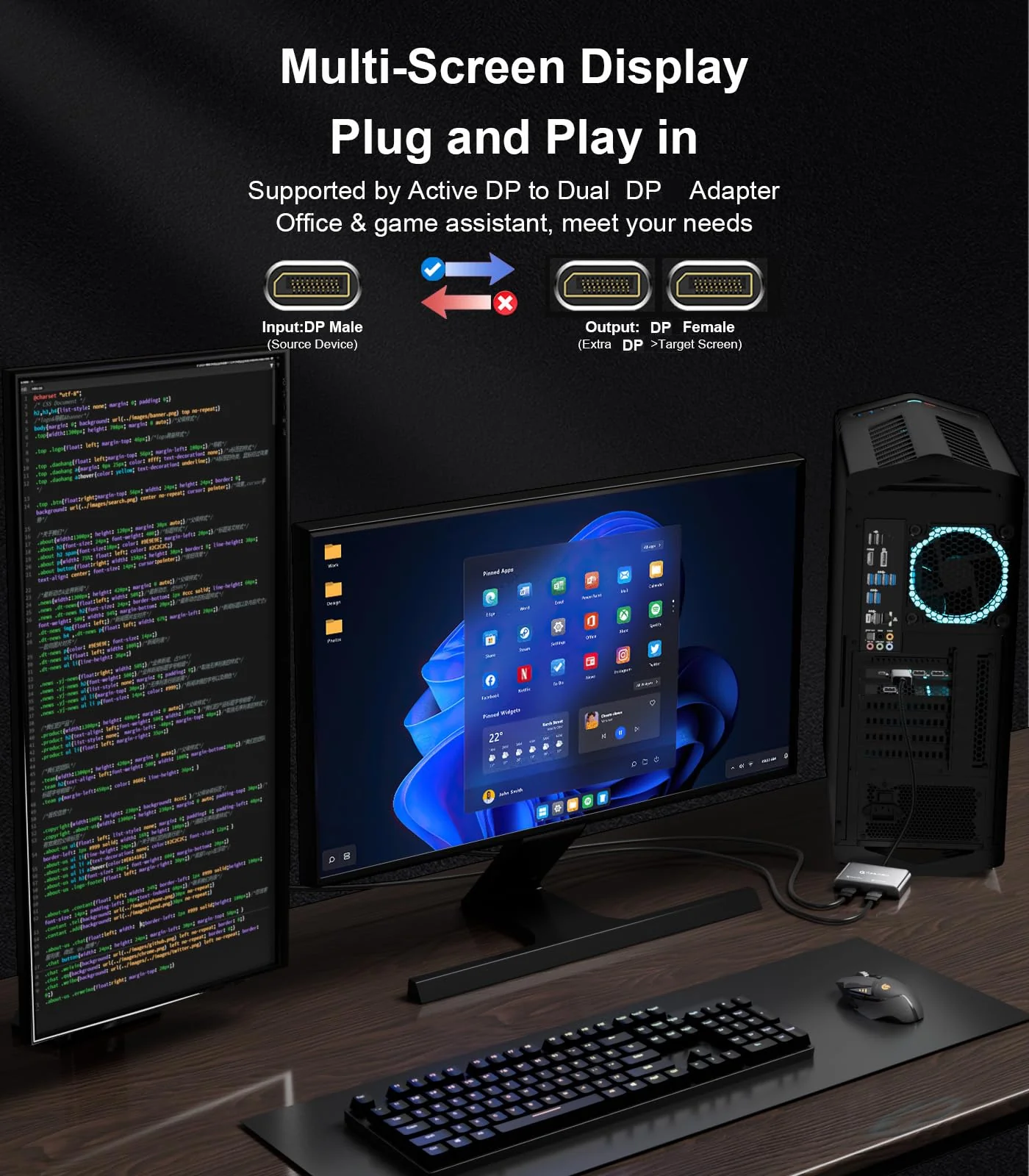 Reborn DisplayPort to Dual DisplayPort Splitter 4K@60Hz Display Port Splitter 1 in 2 Out for Dual Monitor Extended Display DP Source to 2 DP Adapter with PC, Graphics Card, Lenovo, HP and More MST-DP to Dual DP Adapter - Image 3