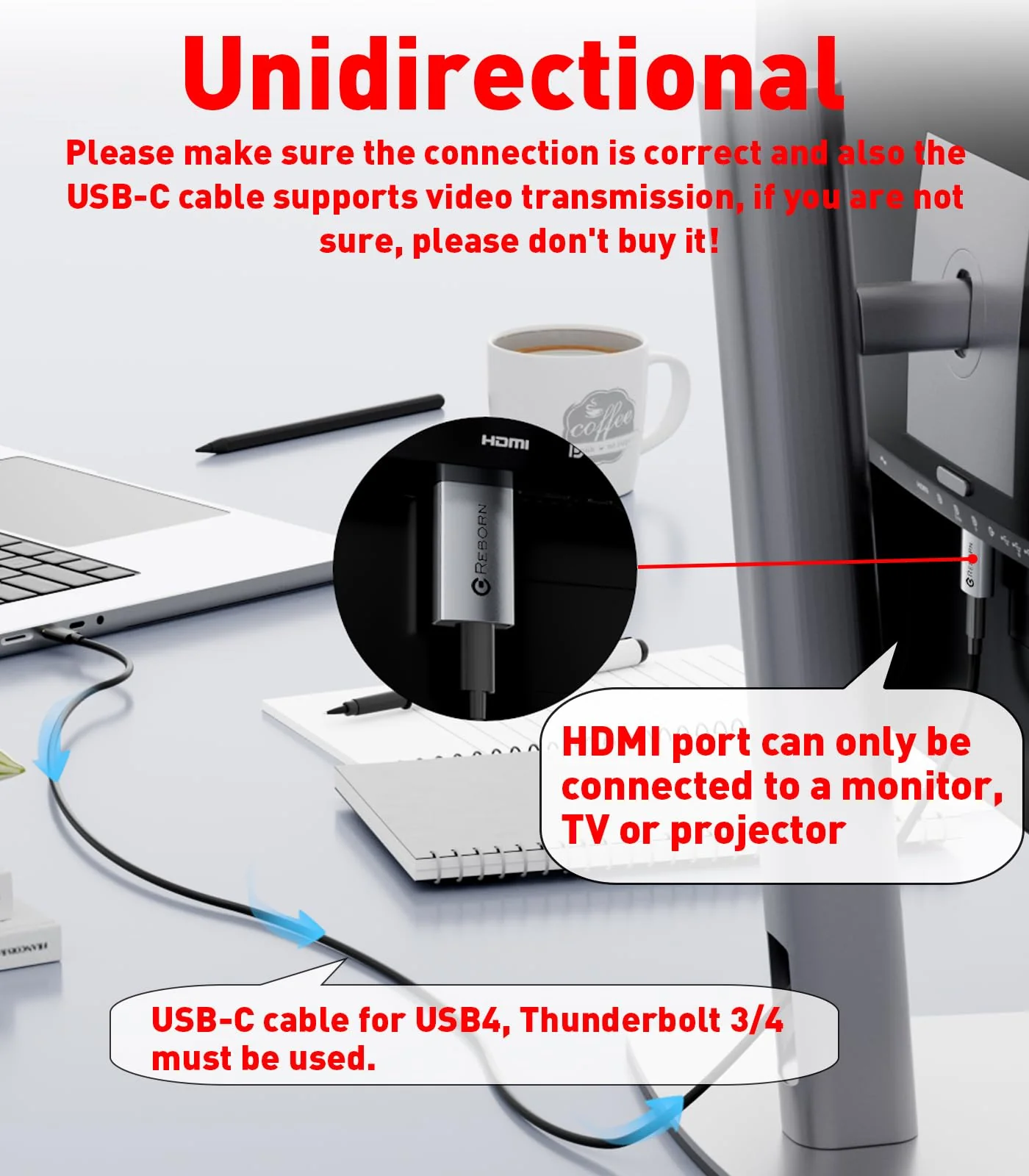Reborn USB C Female to HDMI Male Adapter | 4K Uni-Directional USB Type C Source to HDMI 2.0 Display Converter Thunderbolt 3/4 to HDMI for MacBook Pro/Air, Galaxy S8 to S23, Surface - 1 Pack - Image 2