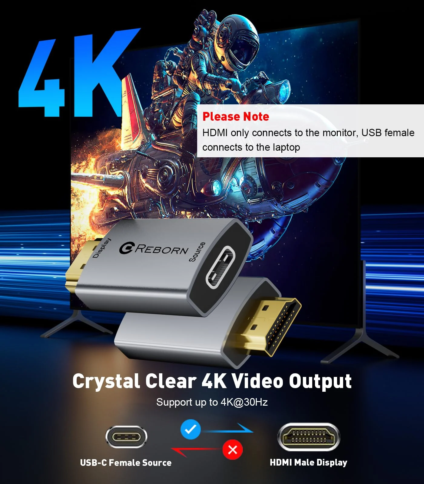 Reborn USB C Female to HDMI Male Adapter | 4K Uni-Directional USB Type C Source to HDMI 2.0 Display Converter Thunderbolt 3/4 to HDMI for MacBook Pro/Air, Galaxy S8 to S23, Surface - 1 Pack - Image 3