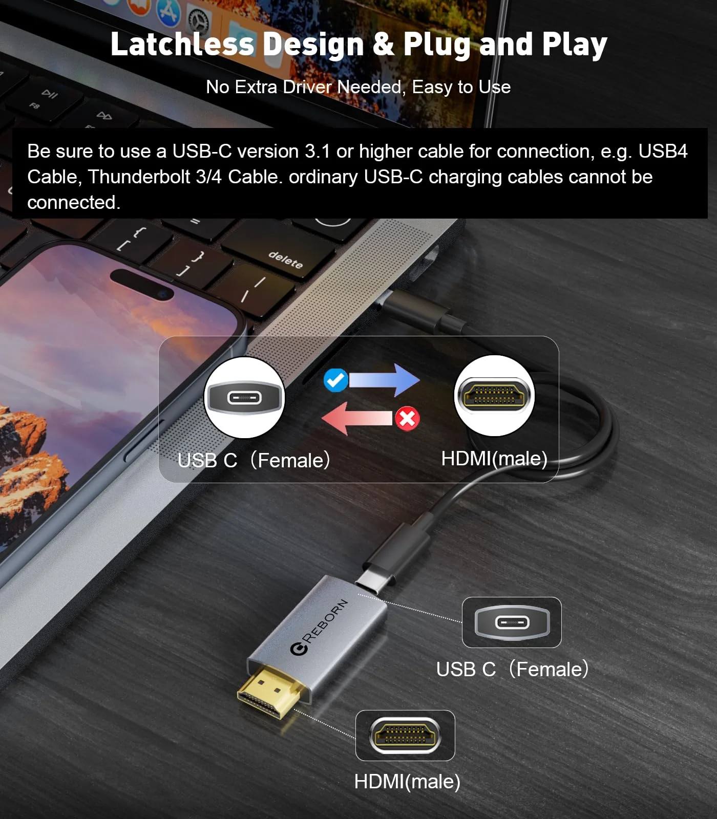Reborn USB C Female to HDMI Male Adapter | 4K Uni-Directional USB Type C Source to HDMI 2.0 Display Converter Thunderbolt 3/4 to HDMI for MacBook Pro/Air, Galaxy S8 to S23, Surface - 1 Pack - Image 4