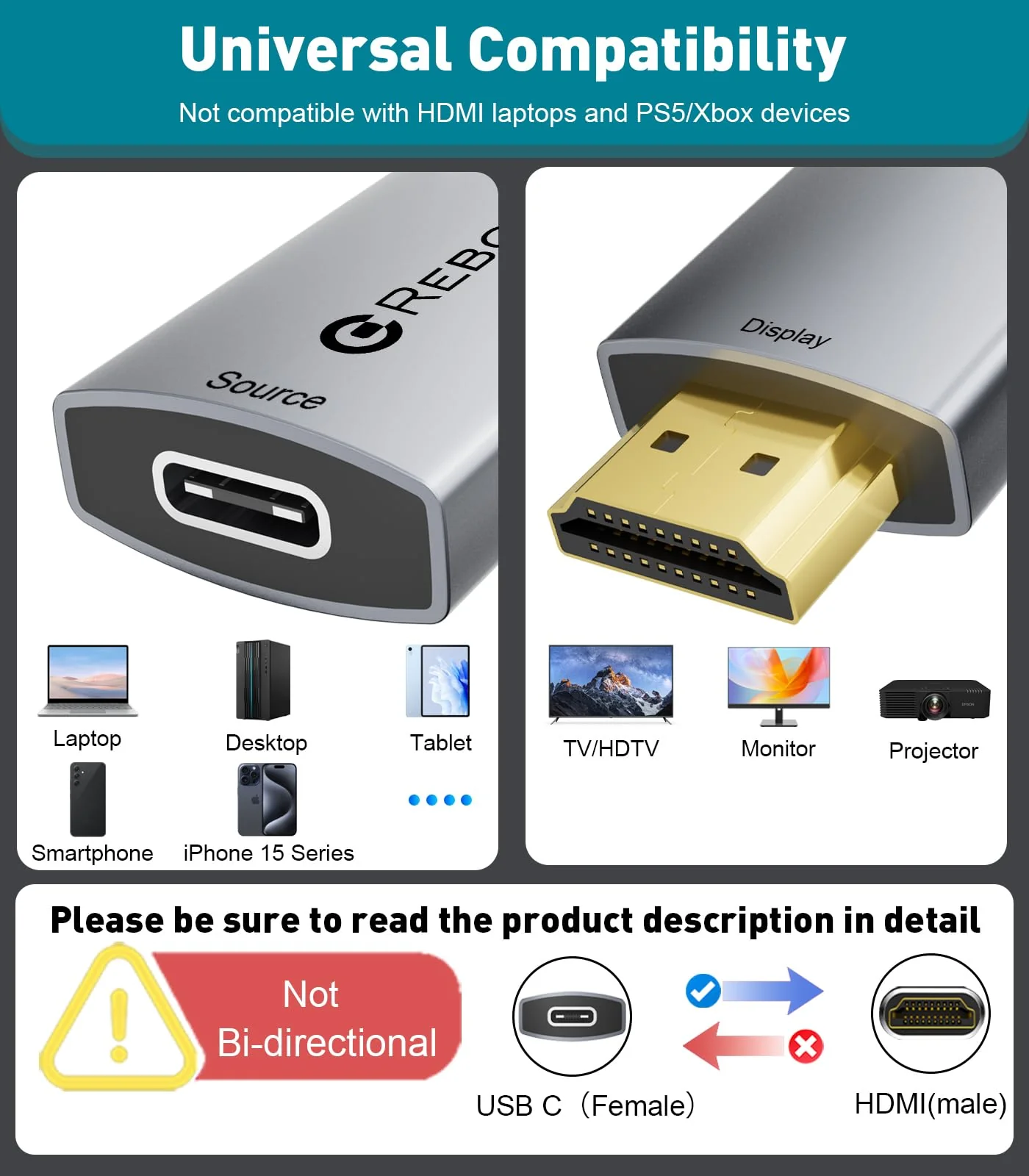 Reborn USB C Female to HDMI Male Adapter | 4K Uni-Directional USB Type C Source to HDMI 2.0 Display Converter Thunderbolt 3/4 to HDMI for MacBook Pro/Air, Galaxy S8 to S23, Surface - 1 Pack - Image 6