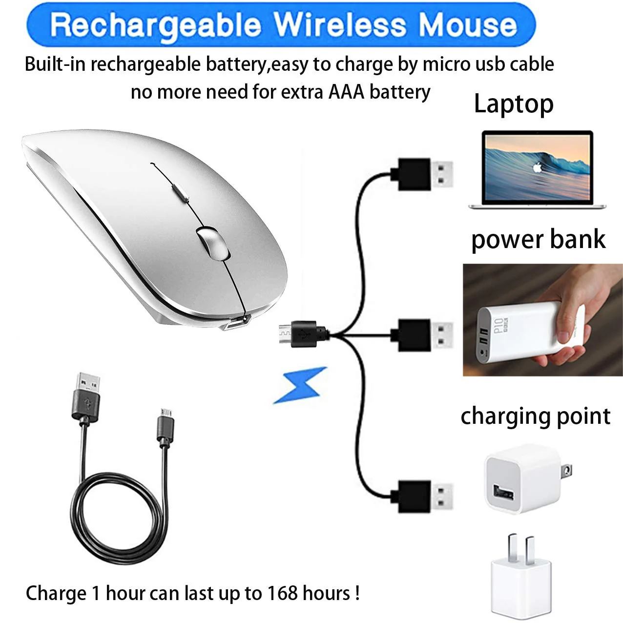 Rechargeable Bluetooth Mouse for Laptop iPad Pro iPad Air MacBook Pro MacBook Air Wireless Mouse for Laptop Mac MacBook Chromebook Win8/10 silver - Image 4