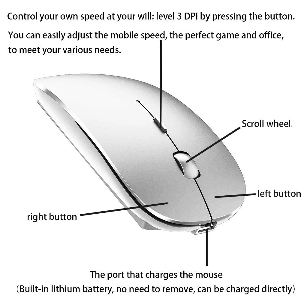 Rechargeable Bluetooth Mouse for Laptop iPad Pro iPad Air MacBook Pro MacBook Air Wireless Mouse for Laptop Mac MacBook Chromebook Win8/10 silver - Image 5