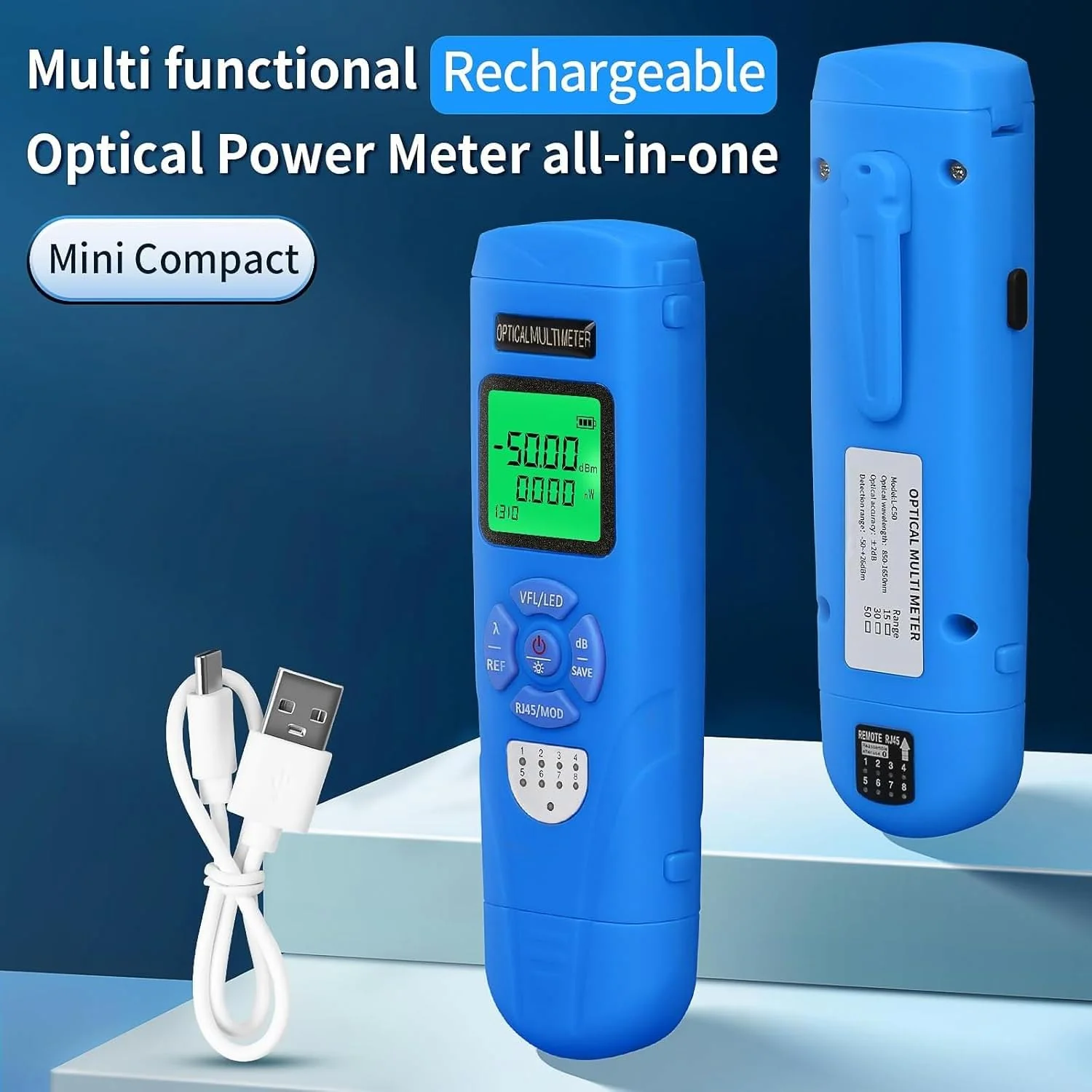 Rechargeable Fiber Light Power Meter L-C50 (-50~+26dBm) Mini Fiber Optic Tester SC/FC/ST/LC Interface, Built-in Visual Fault Locator and RJ45tester with 1 FC-LC Adapter blue L-C50 15 - Image 2