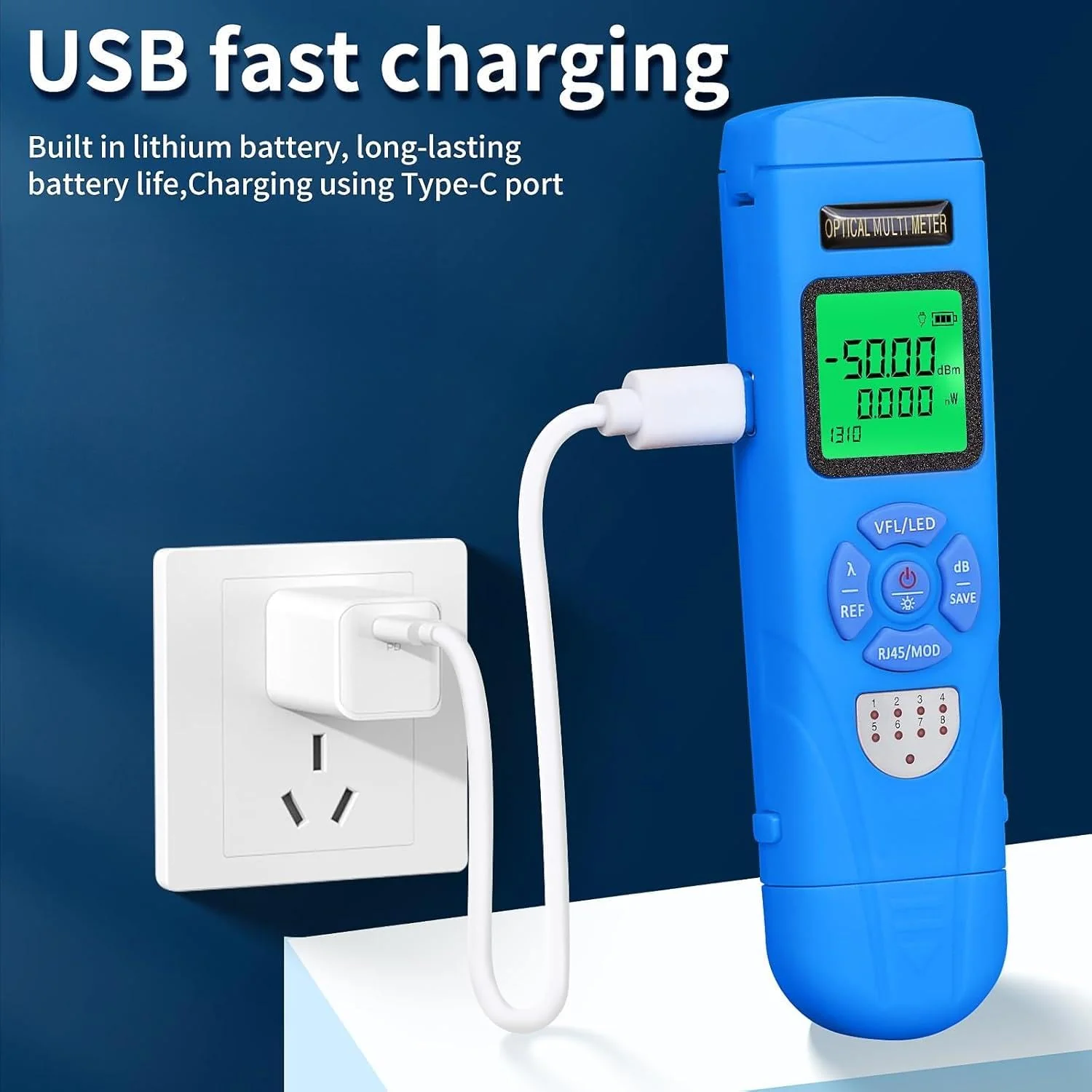 Rechargeable Fiber Light Power Meter L-C50 (-50~+26dBm) Mini Fiber Optic Tester SC/FC/ST/LC Interface, Built-in Visual Fault Locator and RJ45tester with 1 FC-LC Adapter blue L-C50 15 - Image 7