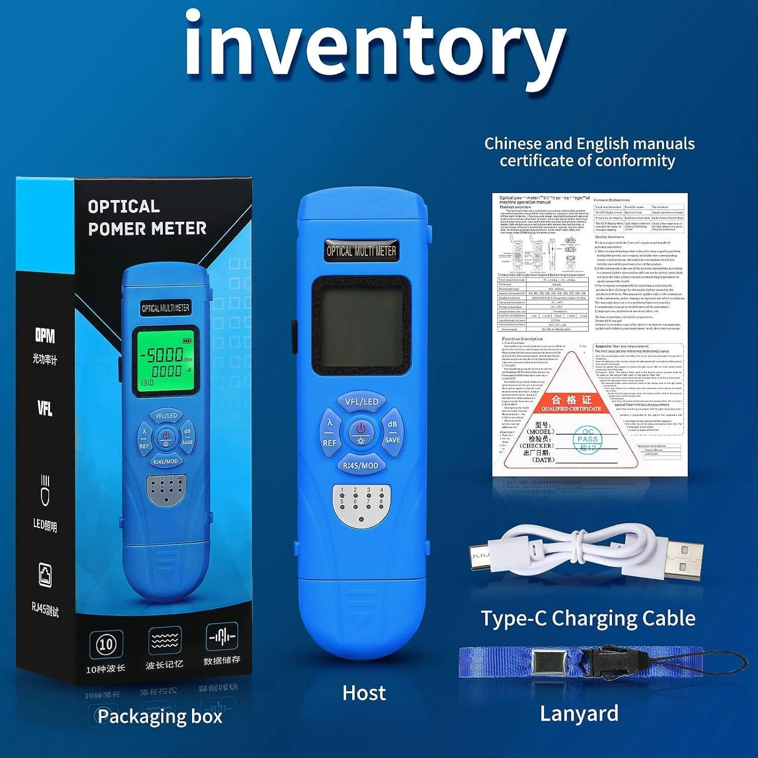 Rechargeable Fiber Light Power Meter L-C50 (-50~+26dBm) Mini Fiber Optic Tester SC/FC/ST/LC Interface, Built-in Visual Fault Locator and RJ45tester with 1 FC-LC Adapter blue L-C50 15 - Image 9