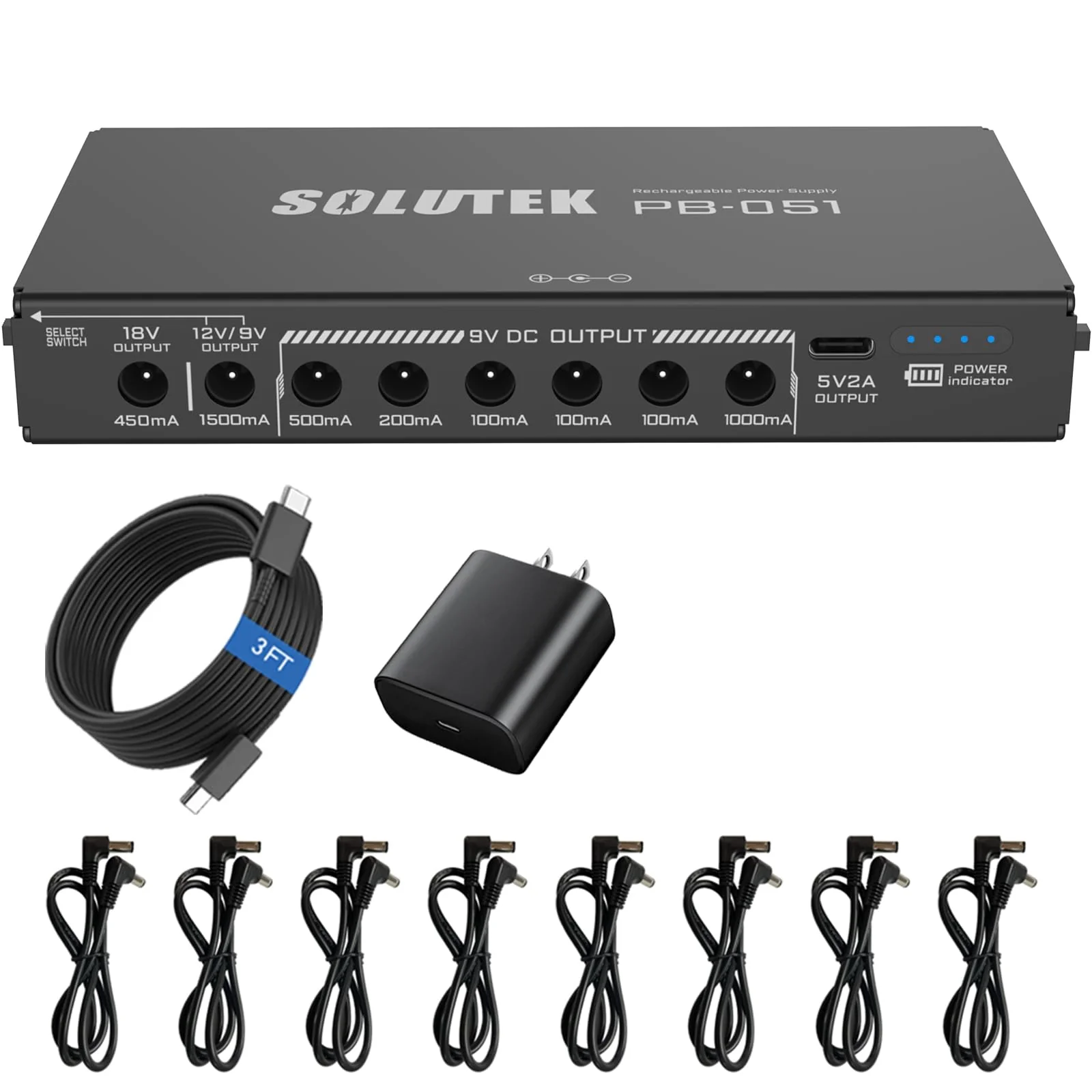 Rechargeable Guitar Pedal Power Supply | 12800 High-Current 2000mA 9V 12V 18V 5V for Pedal Board and More Devices | Compact Convenient Quiet Powerful Model PB-051