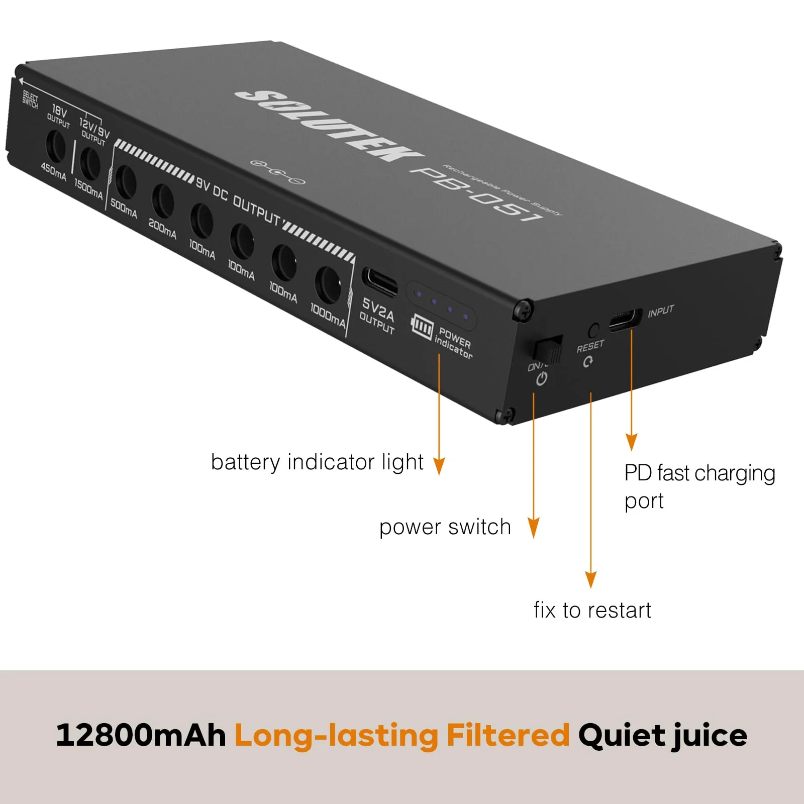 Rechargeable Guitar Pedal Power Supply | 12800 High-Current 2000mA 9V 12V 18V 5V for Pedal Board and More Devices | Compact Convenient Quiet Powerful Model PB-051 - Image 3