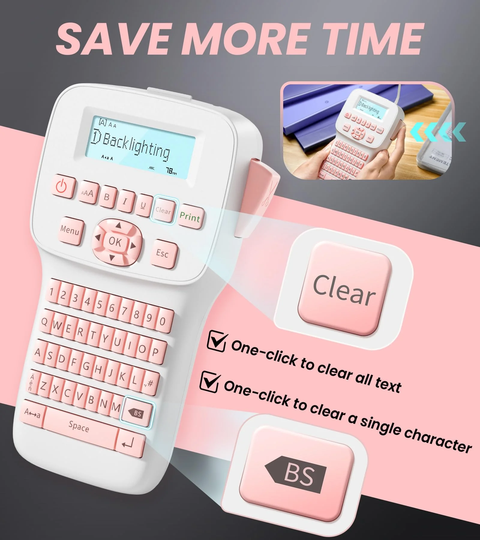 Rechargeable Label Maker, Pink Label Maker with Keyboard, Handheld Label Maker Machine with Bluetooth Backlit Large Display LM1600, Portable Labeler for Home & Office Organization School - Image 2