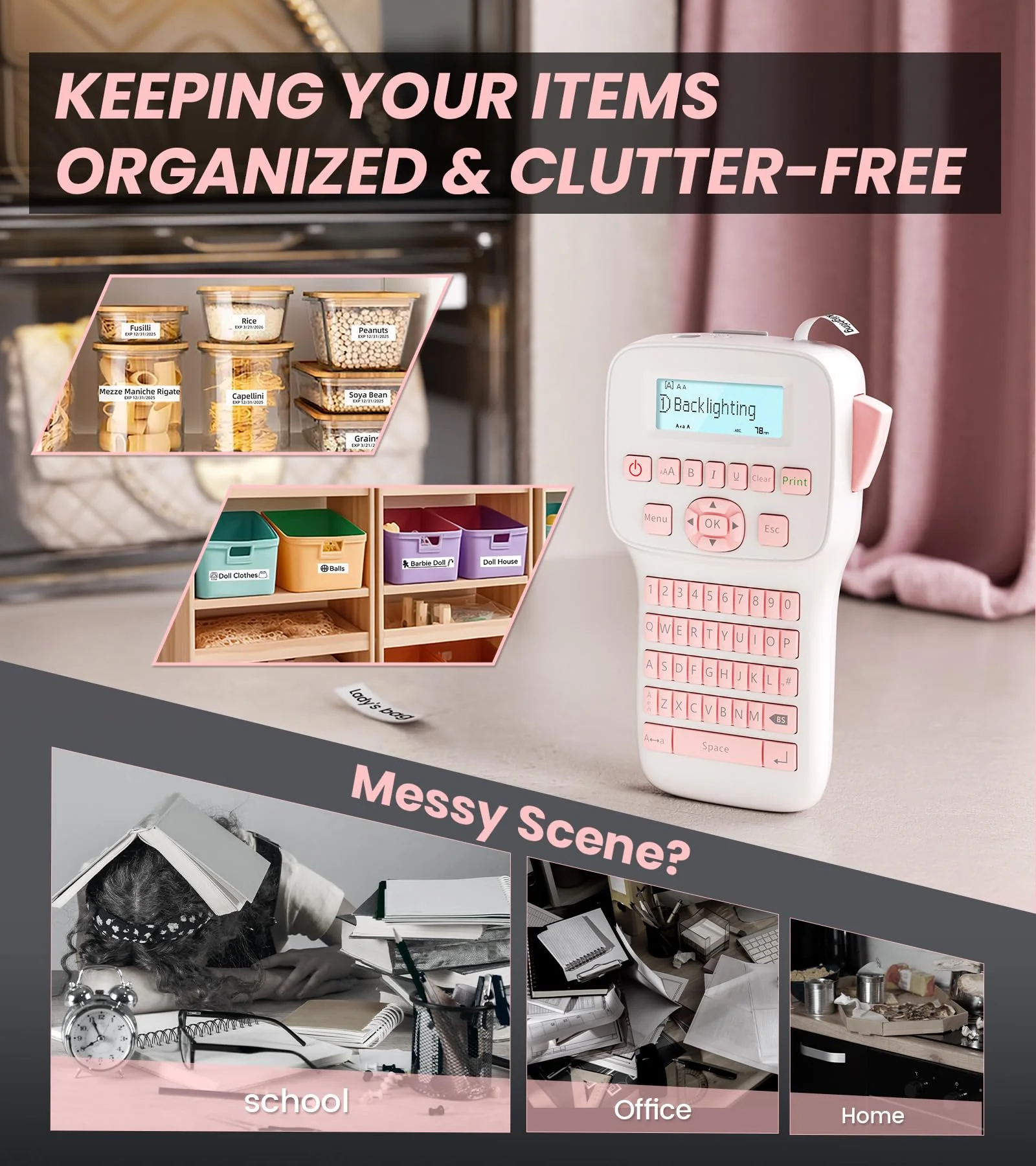 Rechargeable Label Maker, Pink Label Maker with Keyboard, Handheld Label Maker Machine with Bluetooth Backlit Large Display LM1600, Portable Labeler for Home & Office Organization School - Image 8