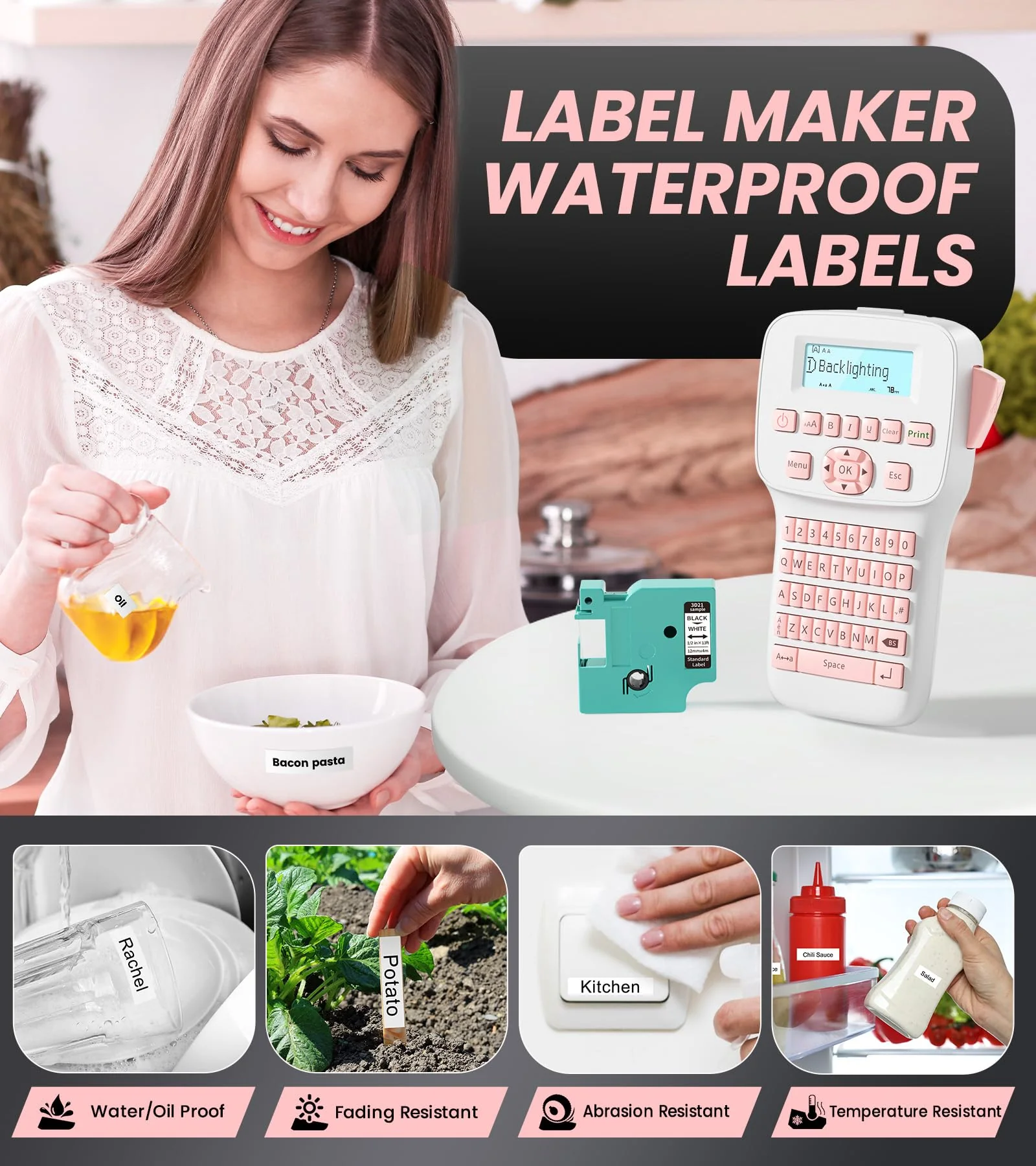 Rechargeable Label Maker, Pink Label Maker with Keyboard, Handheld Label Maker Machine with Bluetooth Backlit Large Display LM1600, Portable Labeler for Home & Office Organization School - Image 9