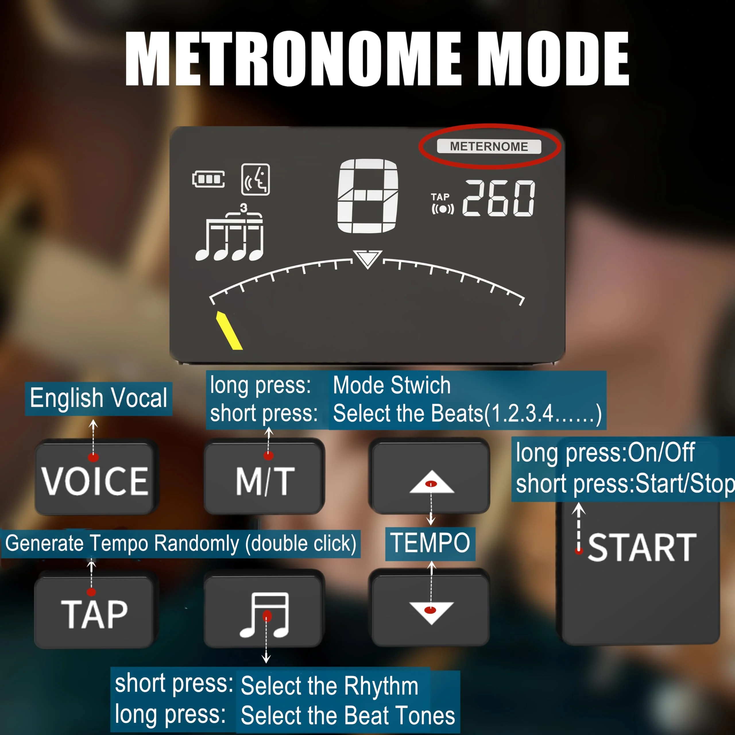 Rechargeable Metronome Tuner Combo for Guitar, Bass, Piano,Drum,Violin and Orchestral Instruments,Precision Tuning,Multiple Rhythm Modes,Three Beat Tones & Human Voice Count,8+ Hours Runtime - Image 3