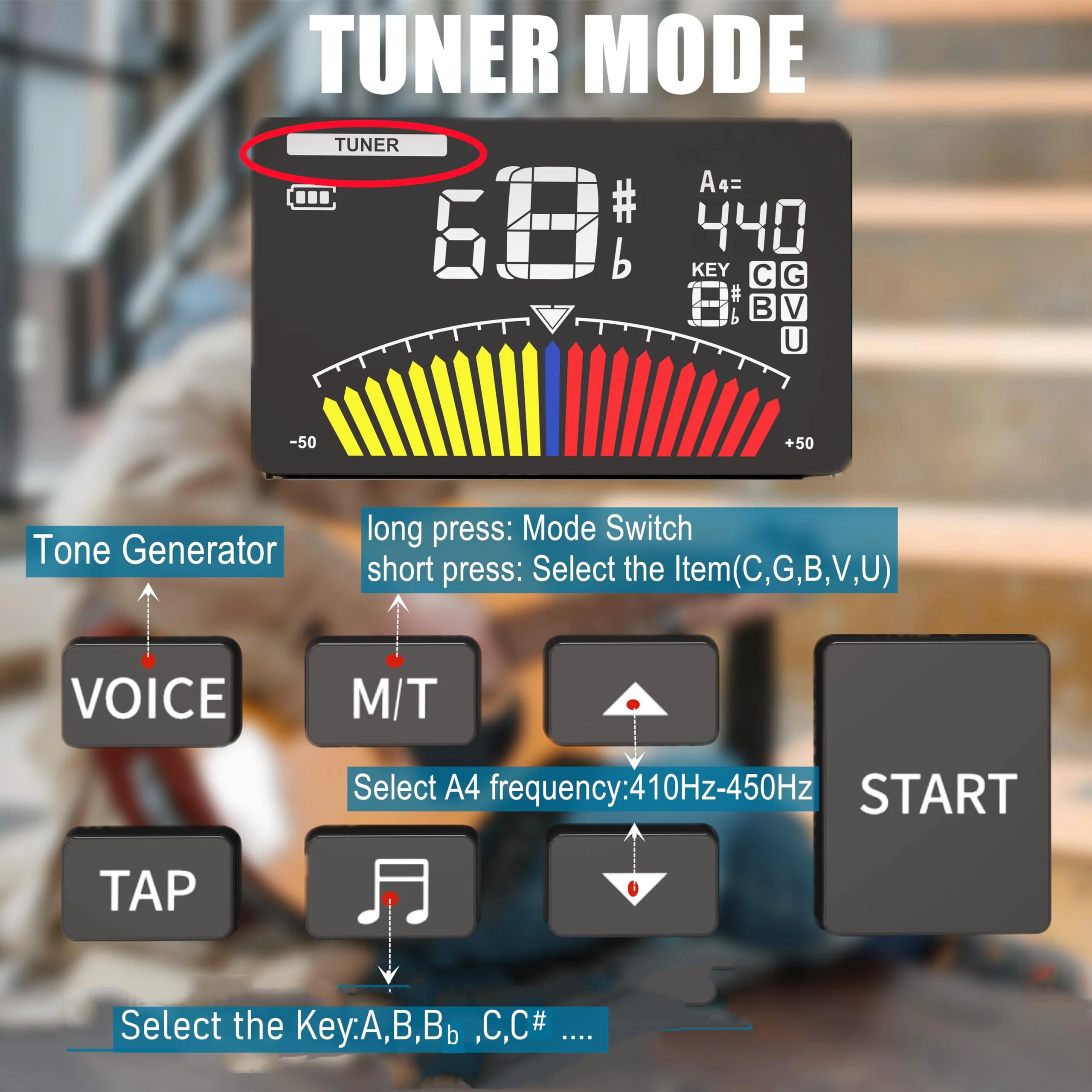 Rechargeable Metronome Tuner Combo for Guitar, Bass, Piano,Drum,Violin and Orchestral Instruments,Precision Tuning,Multiple Rhythm Modes,Three Beat Tones & Human Voice Count,8+ Hours Runtime - Image 4