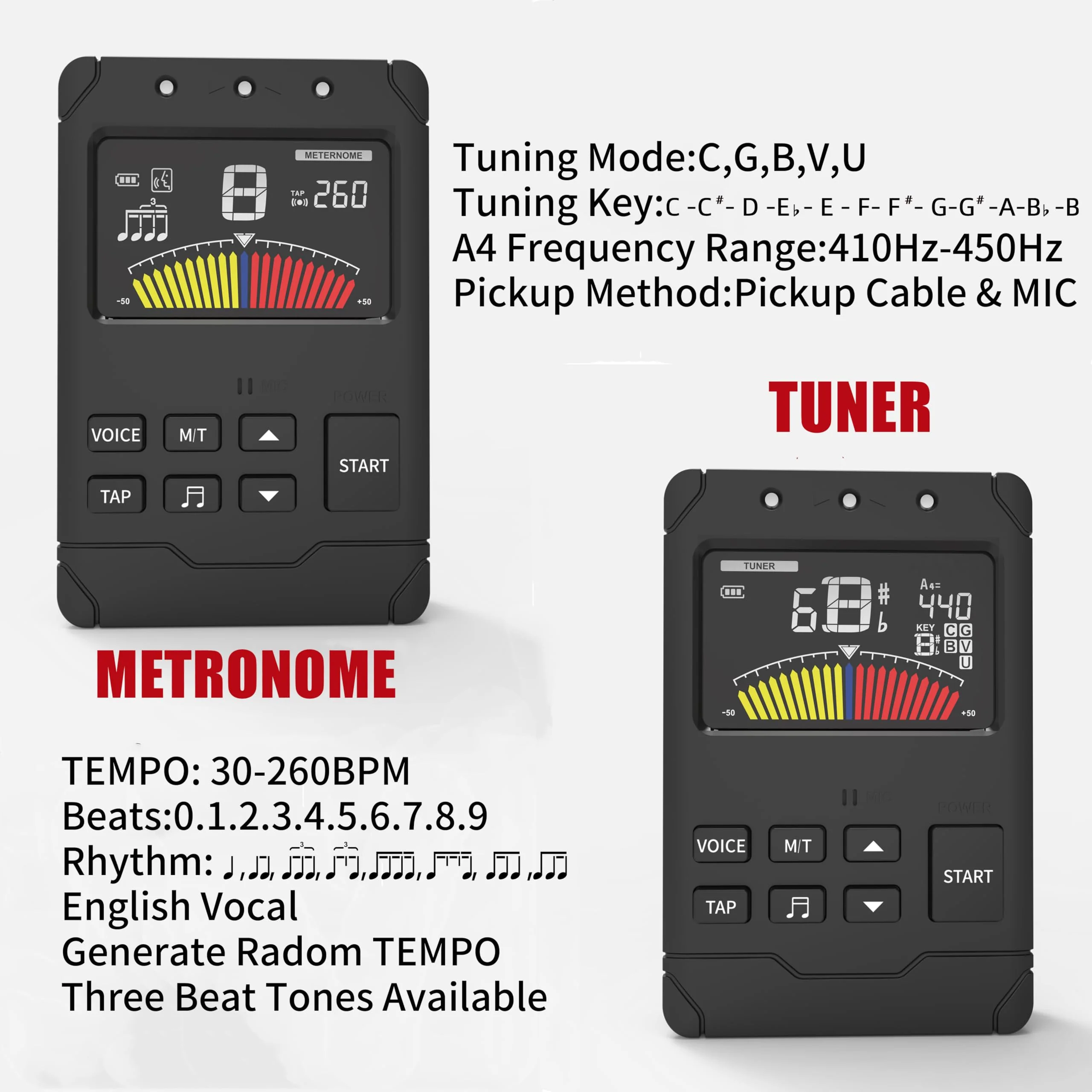 Rechargeable Metronome Tuner Combo for Guitar, Bass, Piano,Drum,Violin and Orchestral Instruments,Precision Tuning,Multiple Rhythm Modes,Three Beat Tones & Human Voice Count,8+ Hours Runtime - Image 5