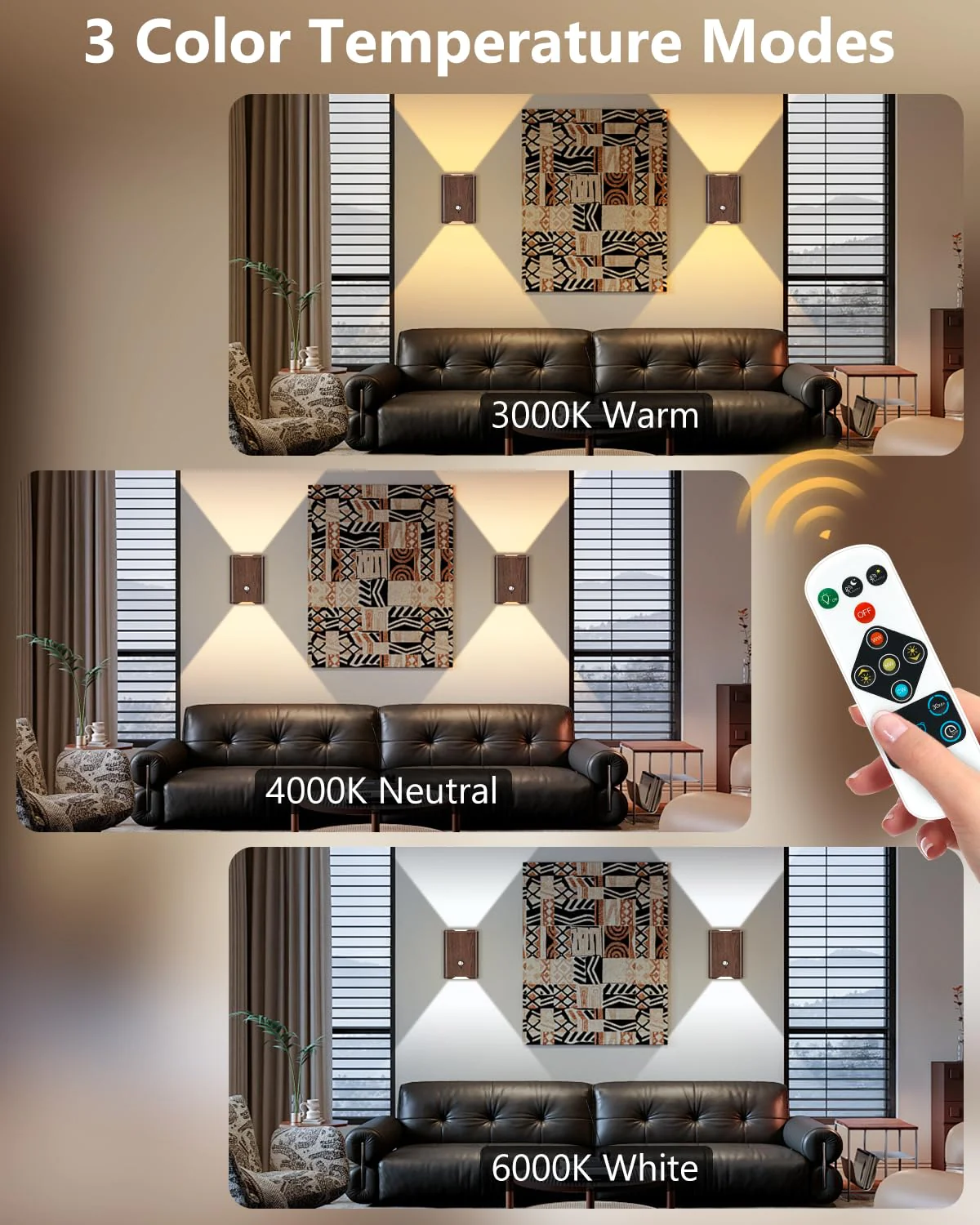 Rechargeable Motion Sensor Wall Sconce Set of 2 – 5000mAh Wireless Battery Operated Wall Light Indoor, 3 Colors Up/Down Lighting Magnetic Night Light with Remote Control for Bedroom, Hallway (Walnut) Walnut 2 Pack - Image 5