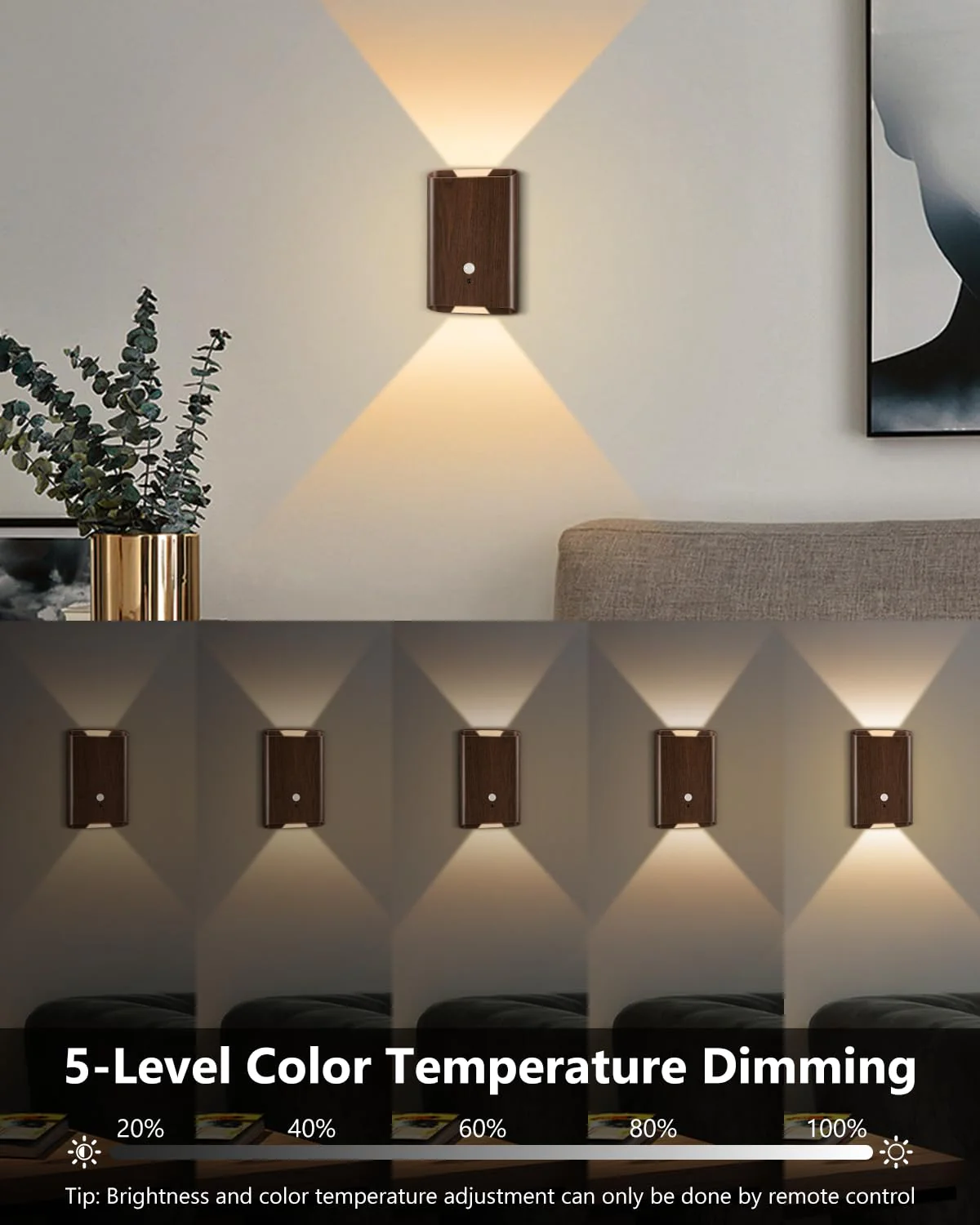Rechargeable Motion Sensor Wall Sconce Set of 2 – 5000mAh Wireless Battery Operated Wall Light Indoor, 3 Colors Up/Down Lighting Magnetic Night Light with Remote Control for Bedroom, Hallway (Walnut) Walnut 2 Pack - Image 6