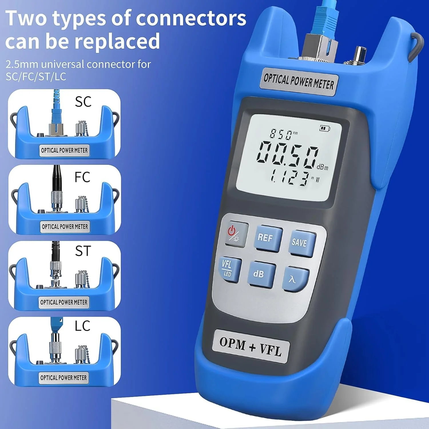 Rechargeable Optical Power Meter A-C510B (-50~+26dBm) Fiber Optic Tester, Optical Power 15 All-in-one Machine, Suitable for SC/FC/ST/LC 2.5mm/1.25mm Interface, with 1 9/125um FC-LC Adapter OPM-VFL15KM - Image 2