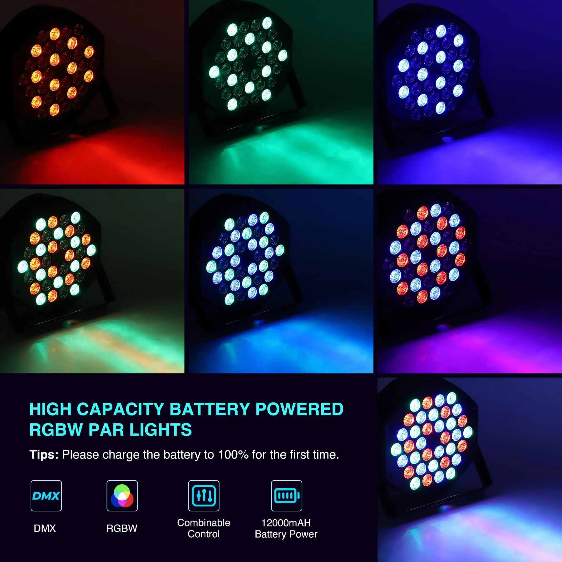 Rechargeable Par Can Lights 1 Pack Wireless Led Uplights Battery Powered Uplighting RGB 36W Stage Lighting for Events Dj Wedding Party Litake - Image 2