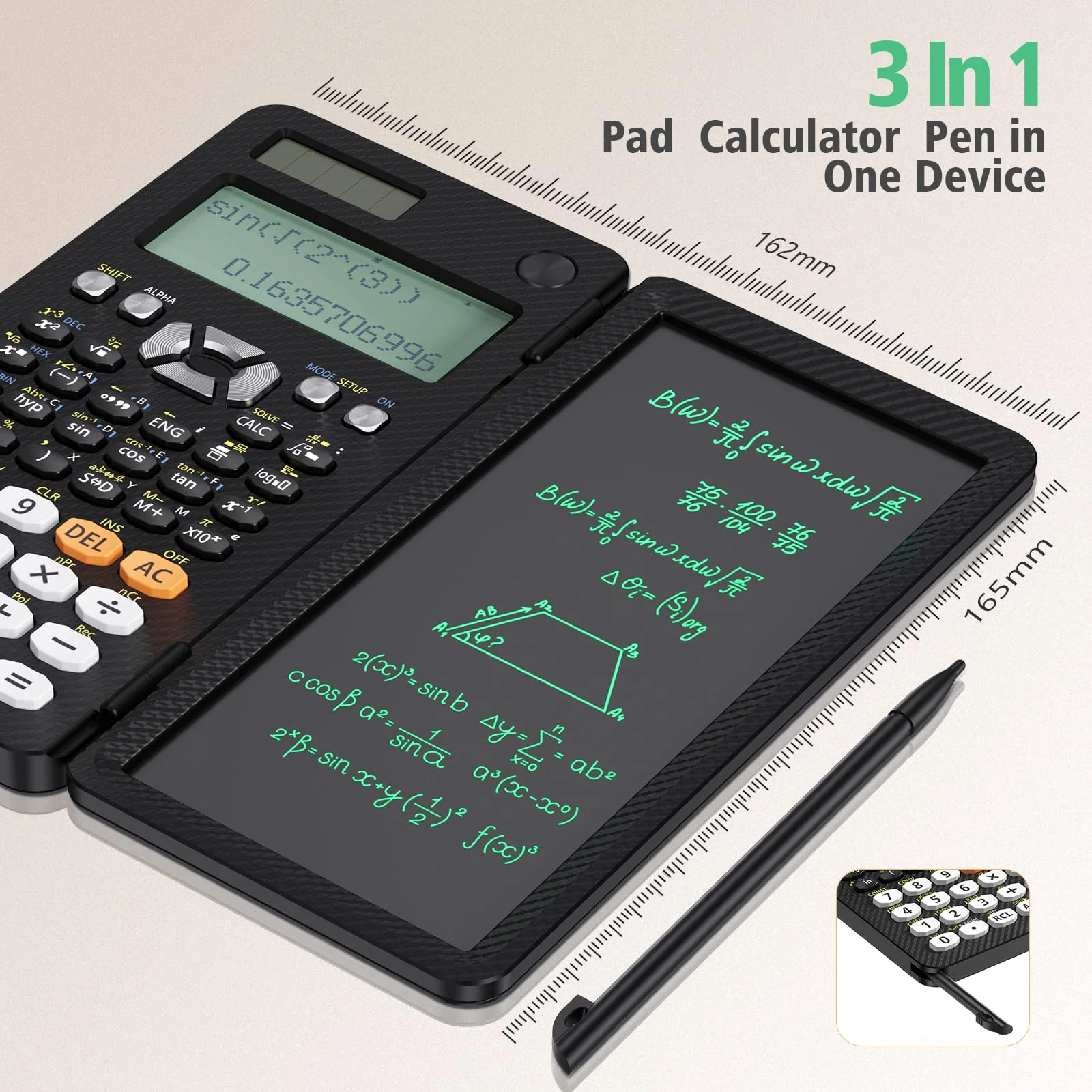 Rechargeable Scientific Calculator for Students, 991ES MAX Foldable Science Calculator with Notepad 417 Function Solar Energy Science Calculators for Middle and High School Supplies (Black) Black - Image 3