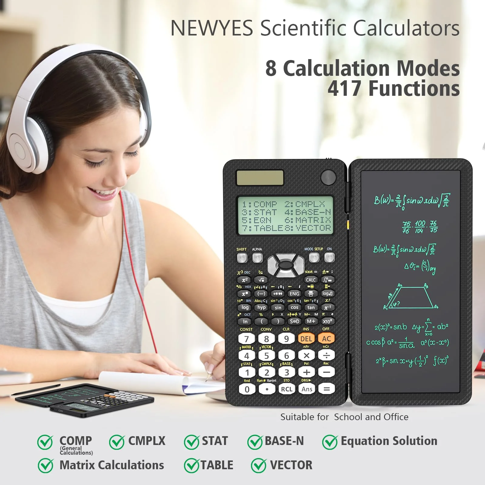 Rechargeable Scientific Calculator for Students, 991ES MAX Foldable Science Calculator with Notepad 417 Function Solar Energy Science Calculators for Middle and High School Supplies (Black) Black - Image 4