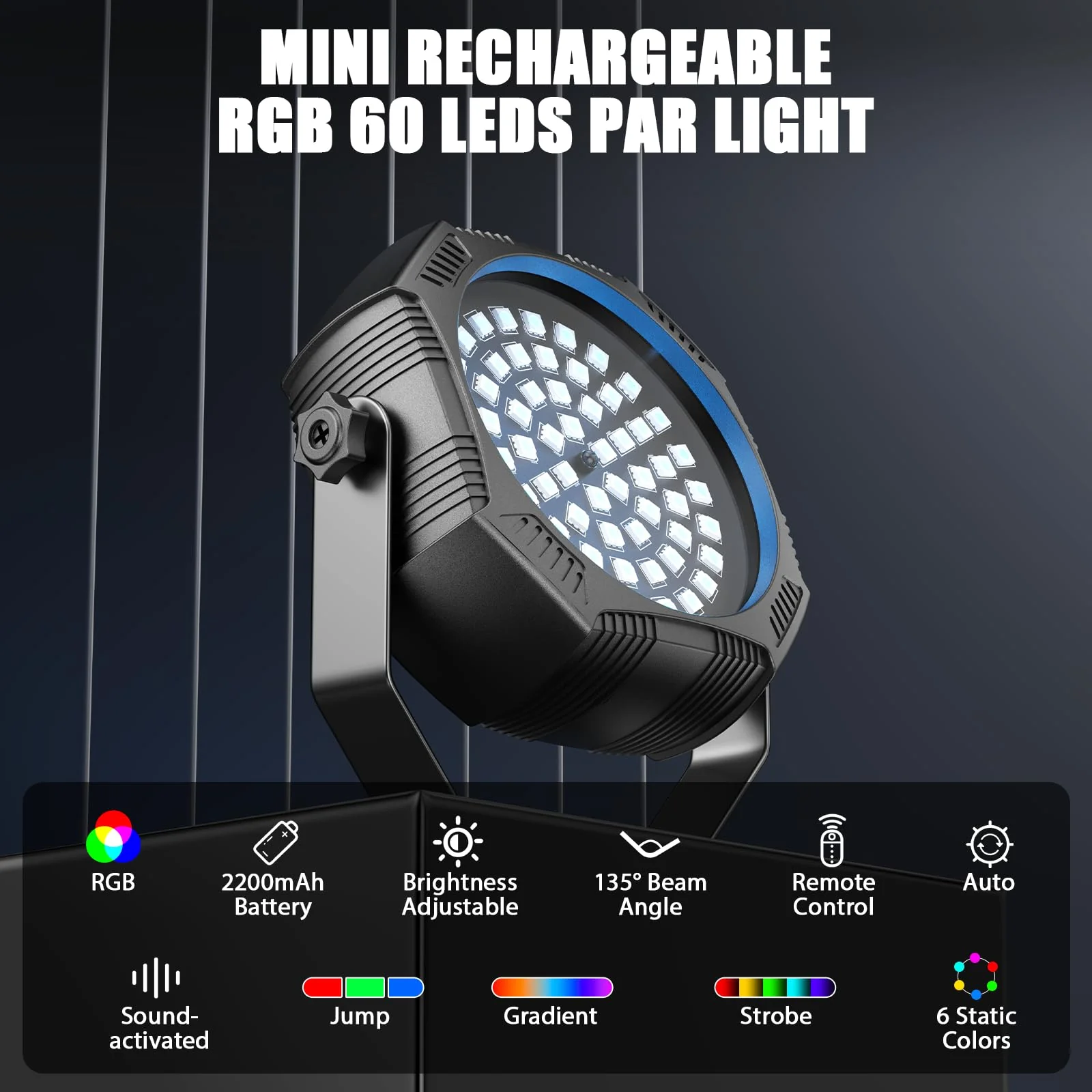 Rechargeable Strobe Light, 60 LED RGB Mini Flashing Light, 30W Battery Powered Strobe with Remote & Sound- Activated Control Mode, Par Can for Party Home Halloween Bars, 2 Pack - Image 2