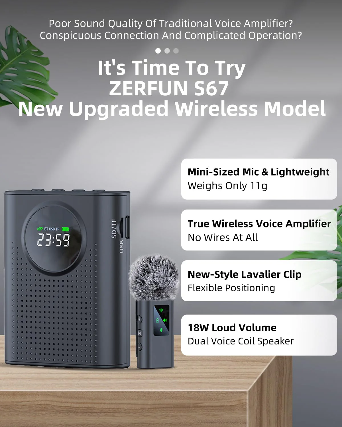 Rechargeable Voice Amplifier Wireless Microphone for Teachers Classroom, Mini Lavalier Lapel Mic Clip Magnetic, Portable Bluetooth Speaker with LED Display for Class, Tour Guide, Coaches, Black Amplifier + 1 MIC - Image 2