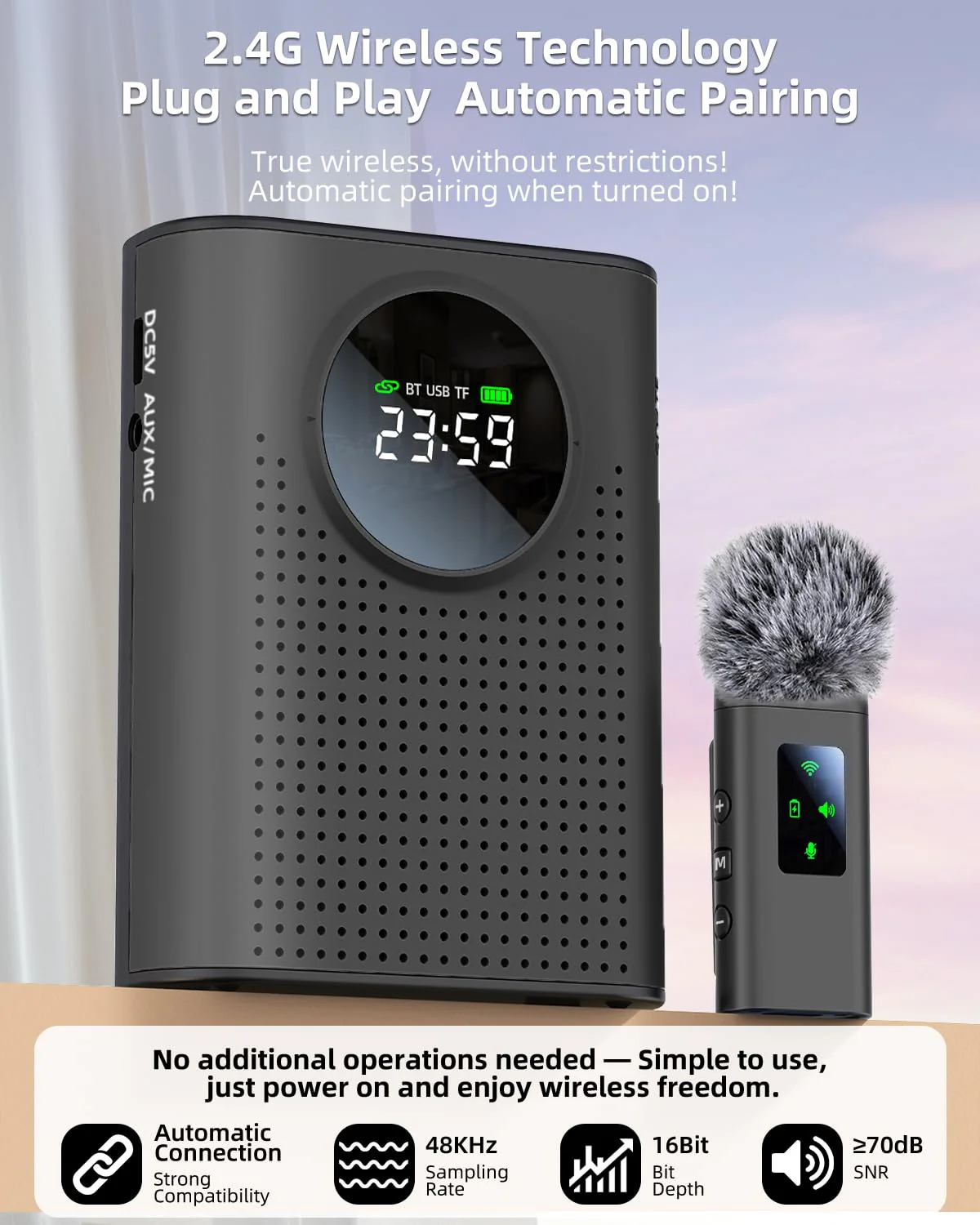 Rechargeable Voice Amplifier Wireless Microphone for Teachers Classroom, Mini Lavalier Lapel Mic Clip Magnetic, Portable Bluetooth Speaker with LED Display for Class, Tour Guide, Coaches, Black Amplifier + 1 MIC - Image 4