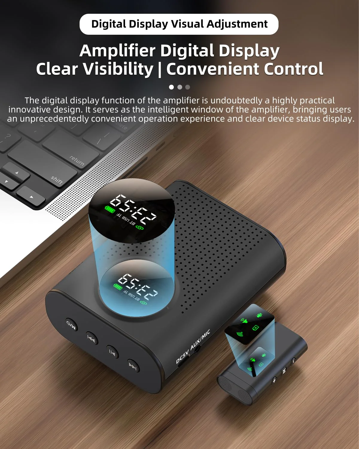 Rechargeable Voice Amplifier Wireless Microphone for Teachers Classroom, Mini Lavalier Lapel Mic Clip Magnetic, Portable Bluetooth Speaker with LED Display for Class, Tour Guide, Coaches, Black Amplifier + 1 MIC - Image 5