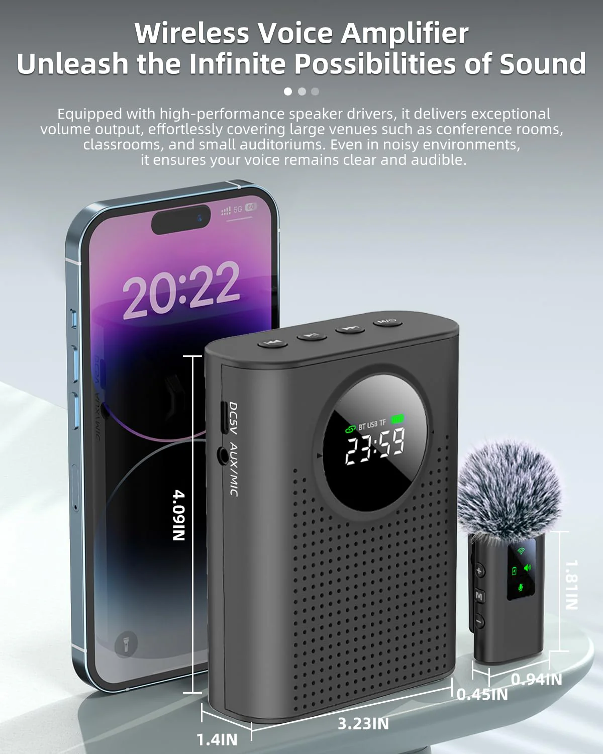 Rechargeable Voice Amplifier Wireless Microphone for Teachers Classroom, Mini Lavalier Lapel Mic Clip Magnetic, Portable Bluetooth Speaker with LED Display for Class, Tour Guide, Coaches, Black Amplifier + 1 MIC - Image 8