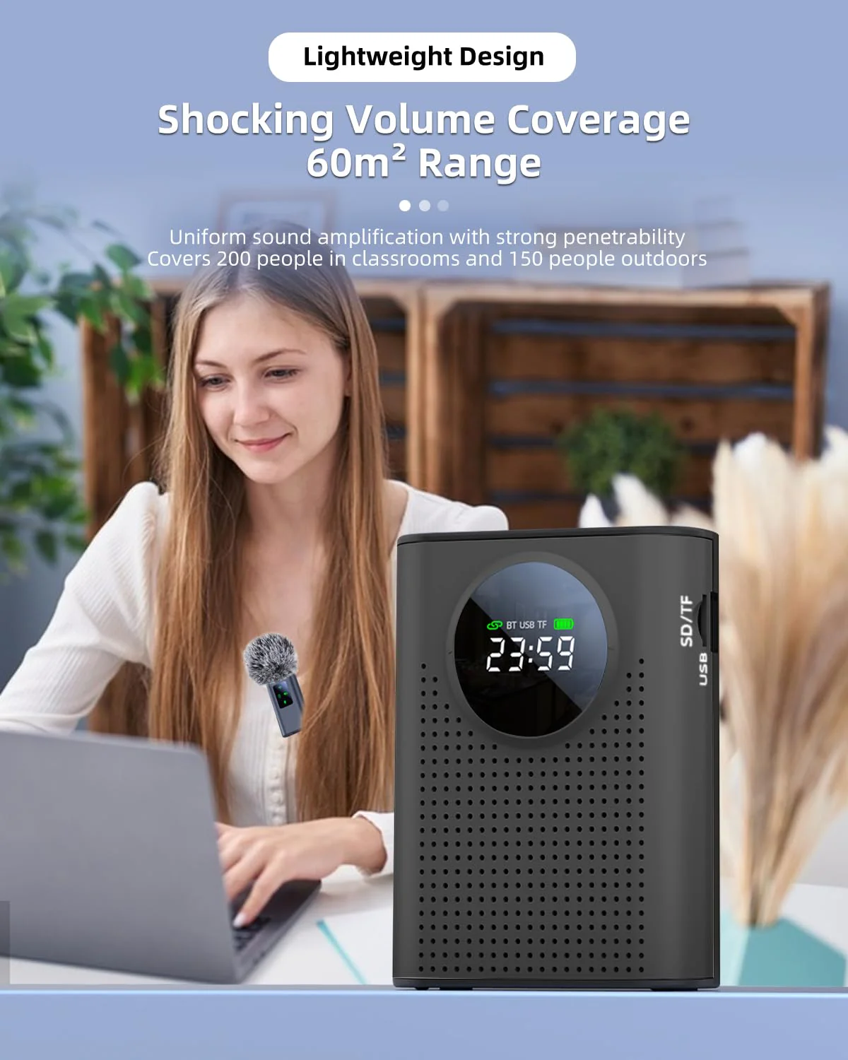 Rechargeable Voice Amplifier Wireless Microphone for Teachers Classroom, Mini Lavalier Lapel Mic Clip Magnetic, Portable Bluetooth Speaker with LED Display for Class, Tour Guide, Coaches, Black Amplifier + 1 MIC - Image 9