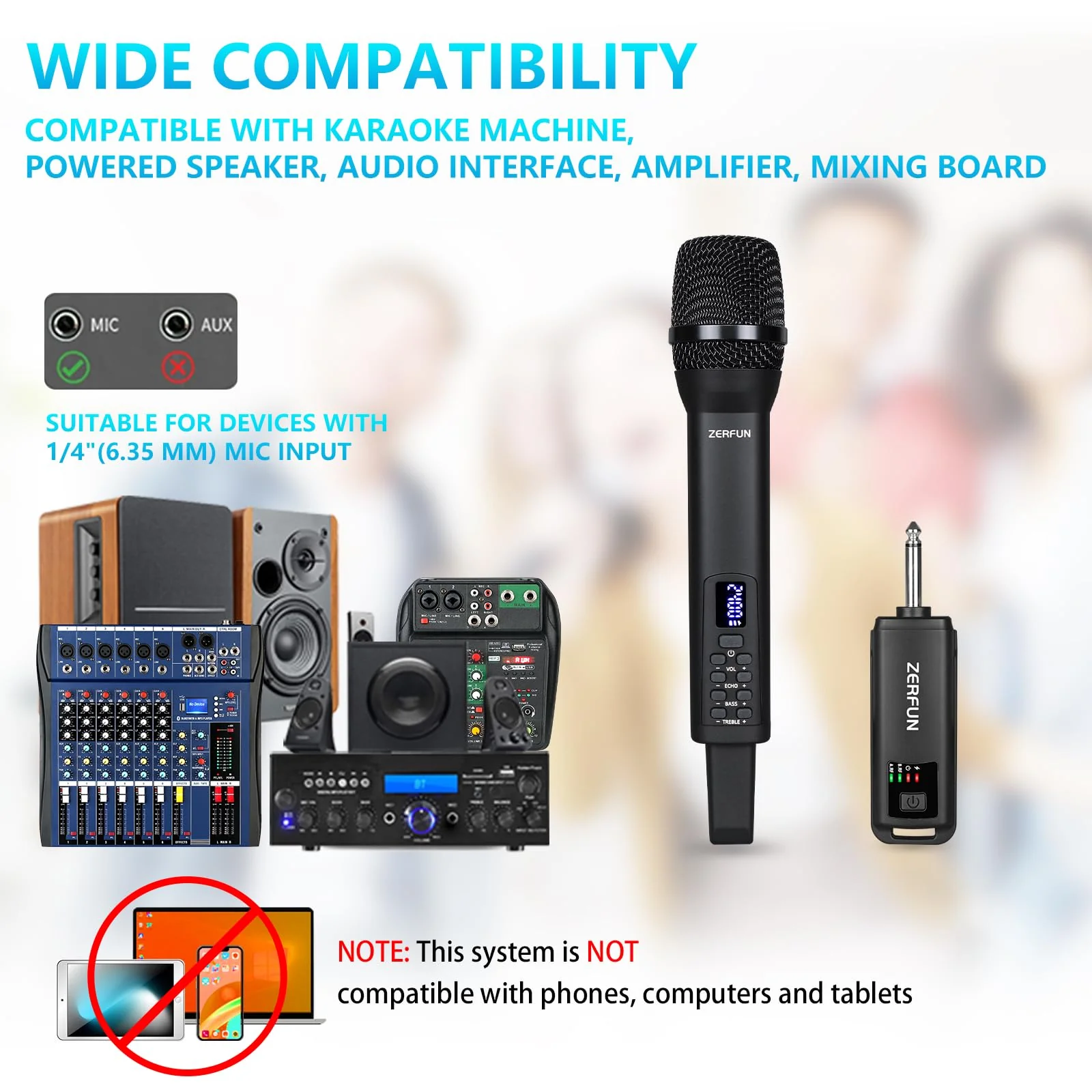 Rechargeable Wireless Microphone, Pro Handheld Cordless Mics System Dynamic with Echo Treble BASS VOL Control for Karaoke Singing Church Party, 1/4'' Output, D240, Black 1 Mic - Image 2