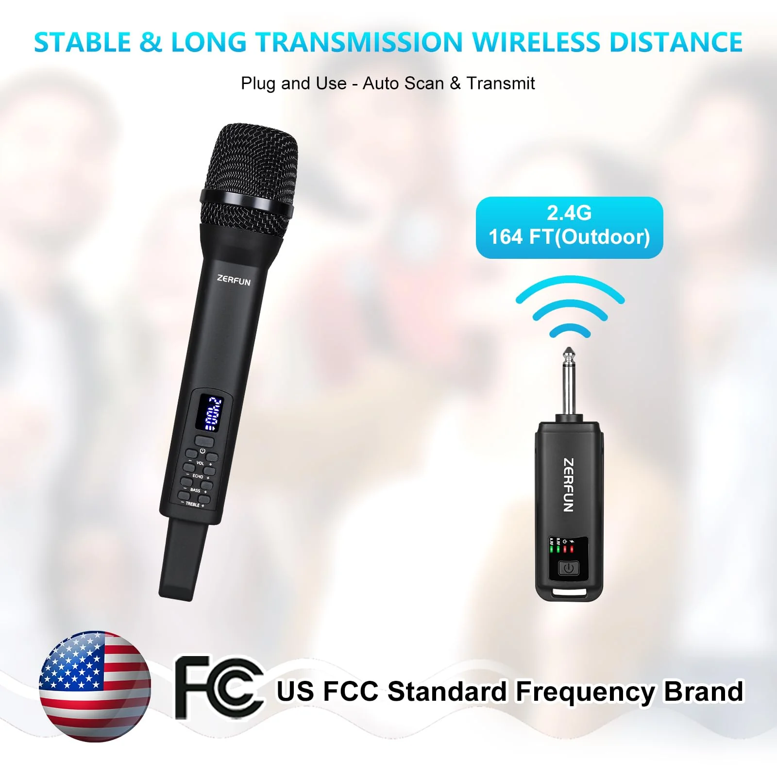 Rechargeable Wireless Microphone, Pro Handheld Cordless Mics System Dynamic with Echo Treble BASS VOL Control for Karaoke Singing Church Party, 1/4'' Output, D240, Black 1 Mic - Image 3