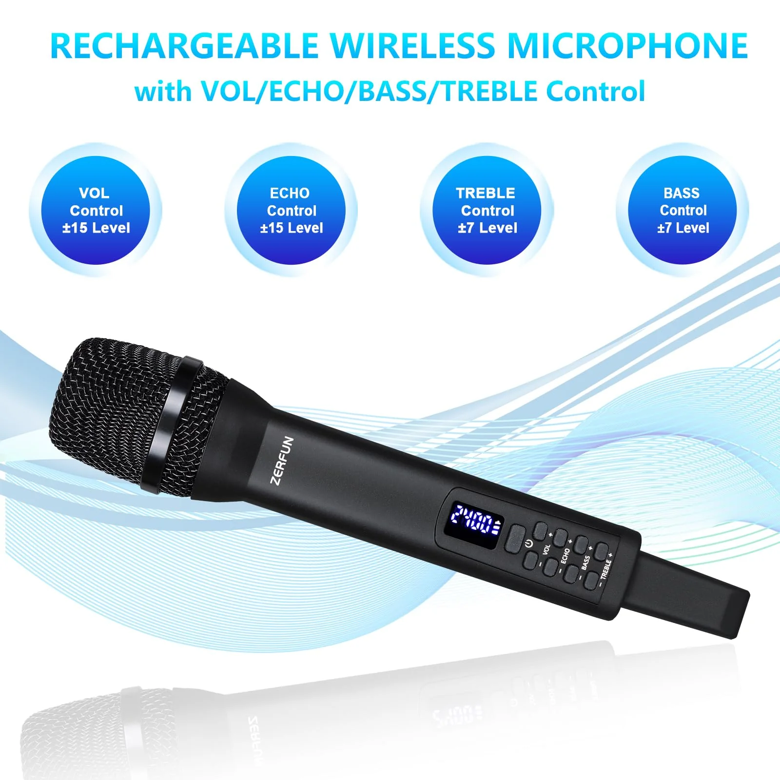 Rechargeable Wireless Microphone, Pro Handheld Cordless Mics System Dynamic with Echo Treble BASS VOL Control for Karaoke Singing Church Party, 1/4'' Output, D240, Black 1 Mic - Image 5