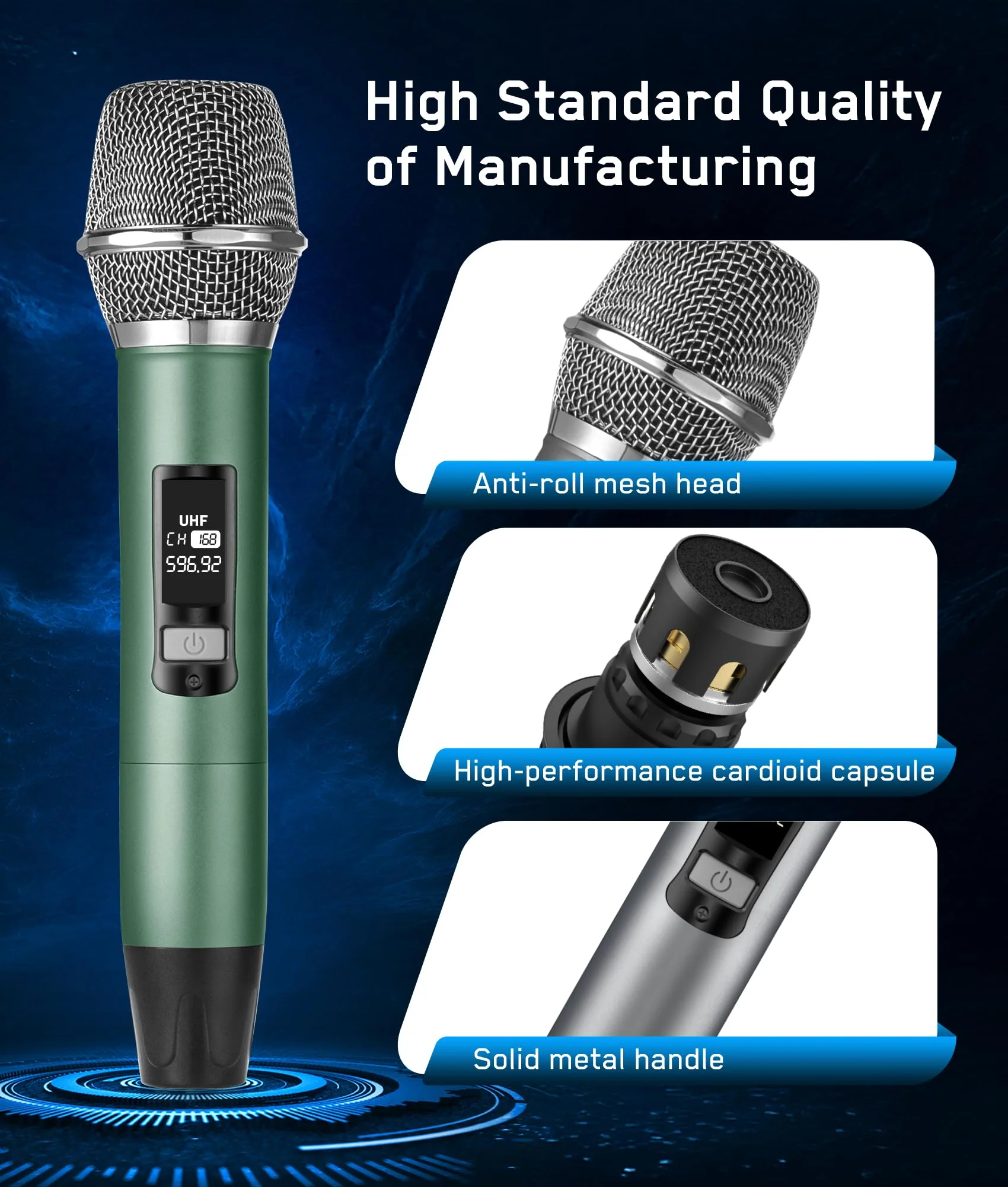 Rechargeable Wireless Microphone, Two Metal UHF Microphones with 1/4" Receiver, Plug-and-Play for Karaoke Singsing, Lecture, Stage Performance, PA System (Green - One Mic) Green - One Mic - Image 3