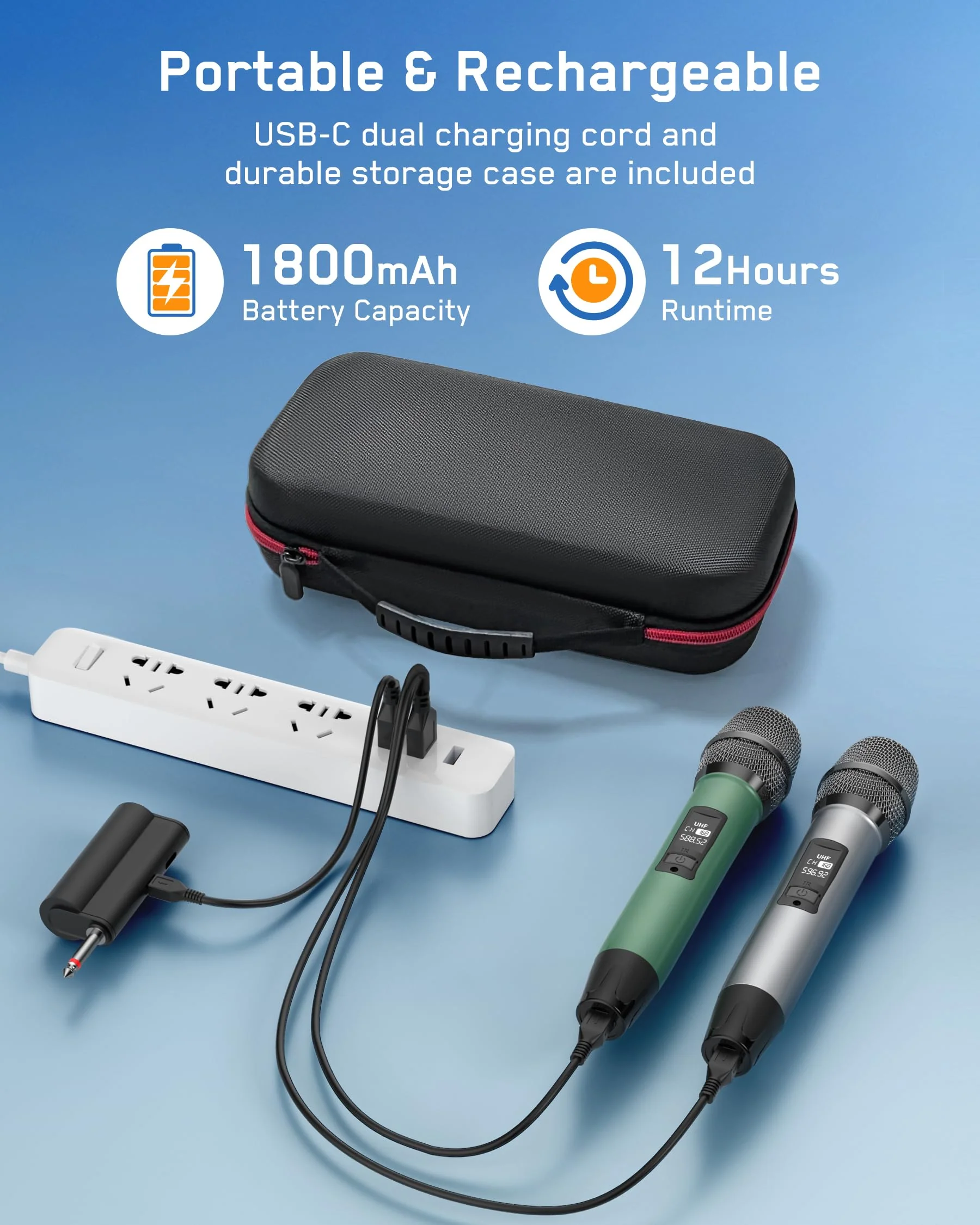 Rechargeable Wireless Microphone, Two Metal UHF Microphones with 1/4" Receiver, Plug-and-Play for Karaoke Singsing, Lecture, Stage Performance, PA System (Green - One Mic) Green - One Mic - Image 5