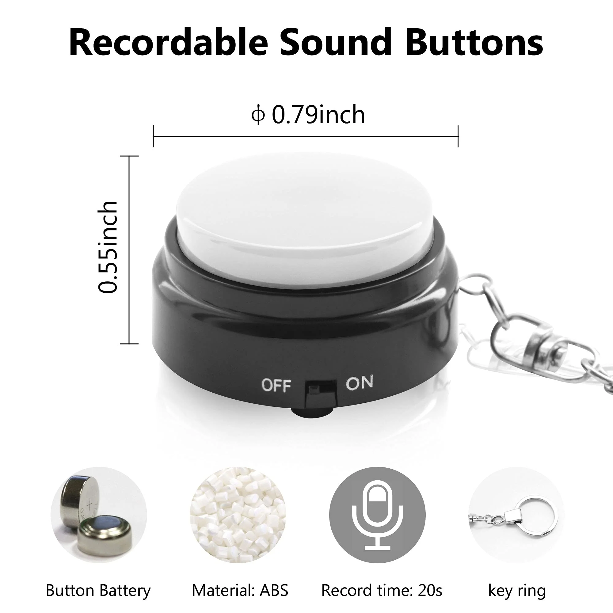 Recordable Talking Button with Keychain, 20s Voice Recording Time Sound Button Answer Buzzers Funny Buttons Record Your Own Words Also Used for Dog Pack of 4 - White and Black (Battery Included) Black and White4 - Image 2