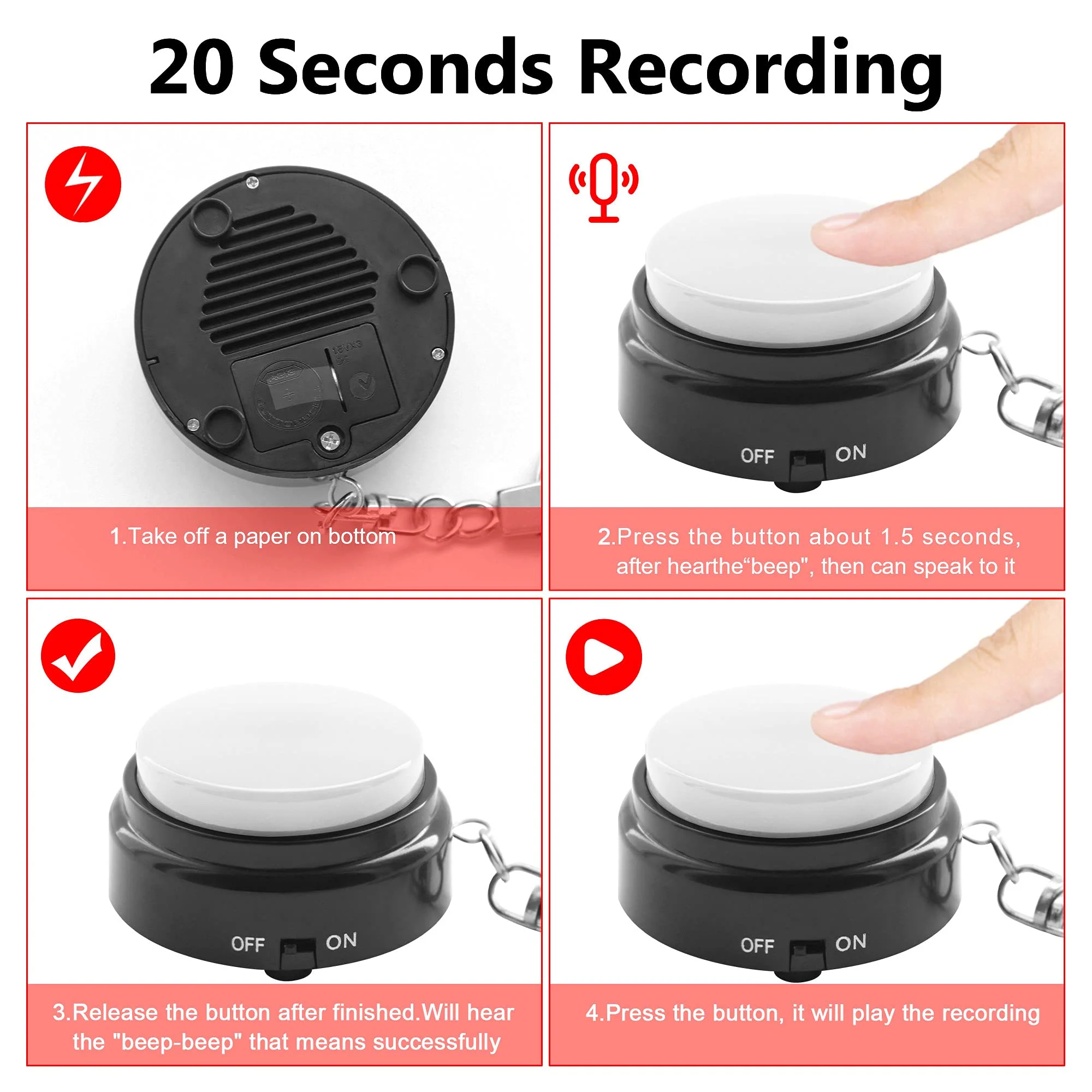 Recordable Talking Button with Keychain, 20s Voice Recording Time Sound Button Answer Buzzers Funny Buttons Record Your Own Words Also Used for Dog Pack of 4 - White and Black (Battery Included) Black and White4 - Image 3