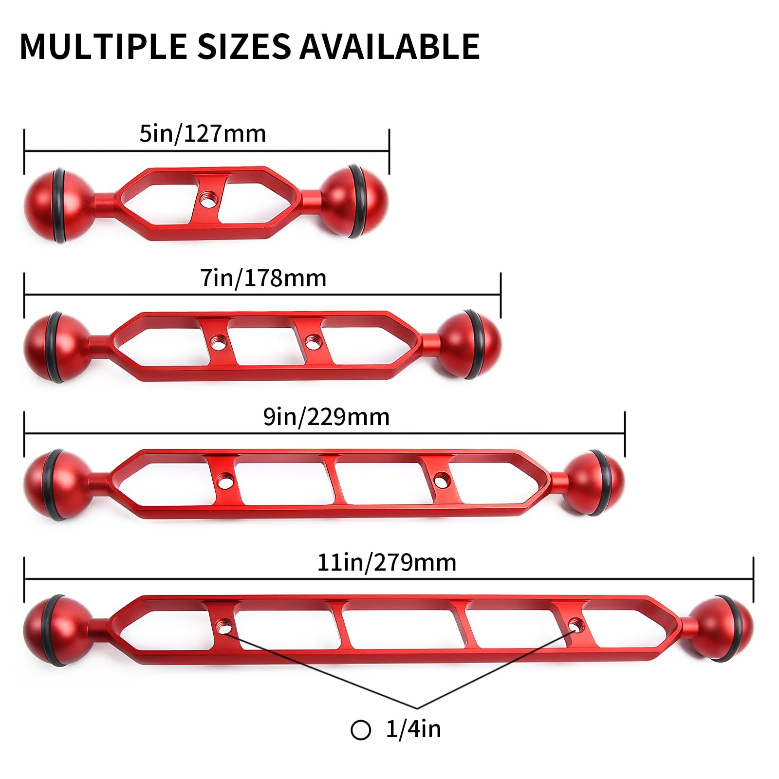 Red 9" Double Ball Aluminum Alloy Extension Arm, 1" Ball Head Connector Underwater Arm for Strobe/Video Light/Diving Camera Tray, Waterproof and Rustproof (2pack) 9" Extension Arm Red - Image 3