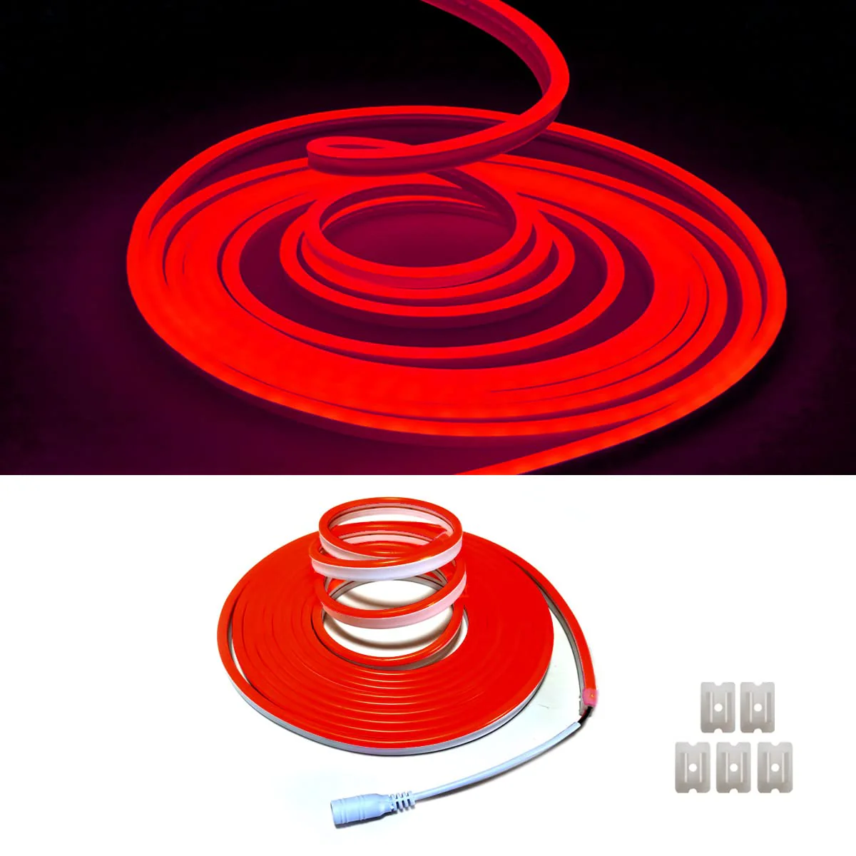 Red Neon LED Strip Lights，5M 12V DC 600 SMD2835 LEDs Waterproof Rope Light for Indoor Outdoor Home Decoration (Red Without Power Supply) Red Without Power Supply - Image 2