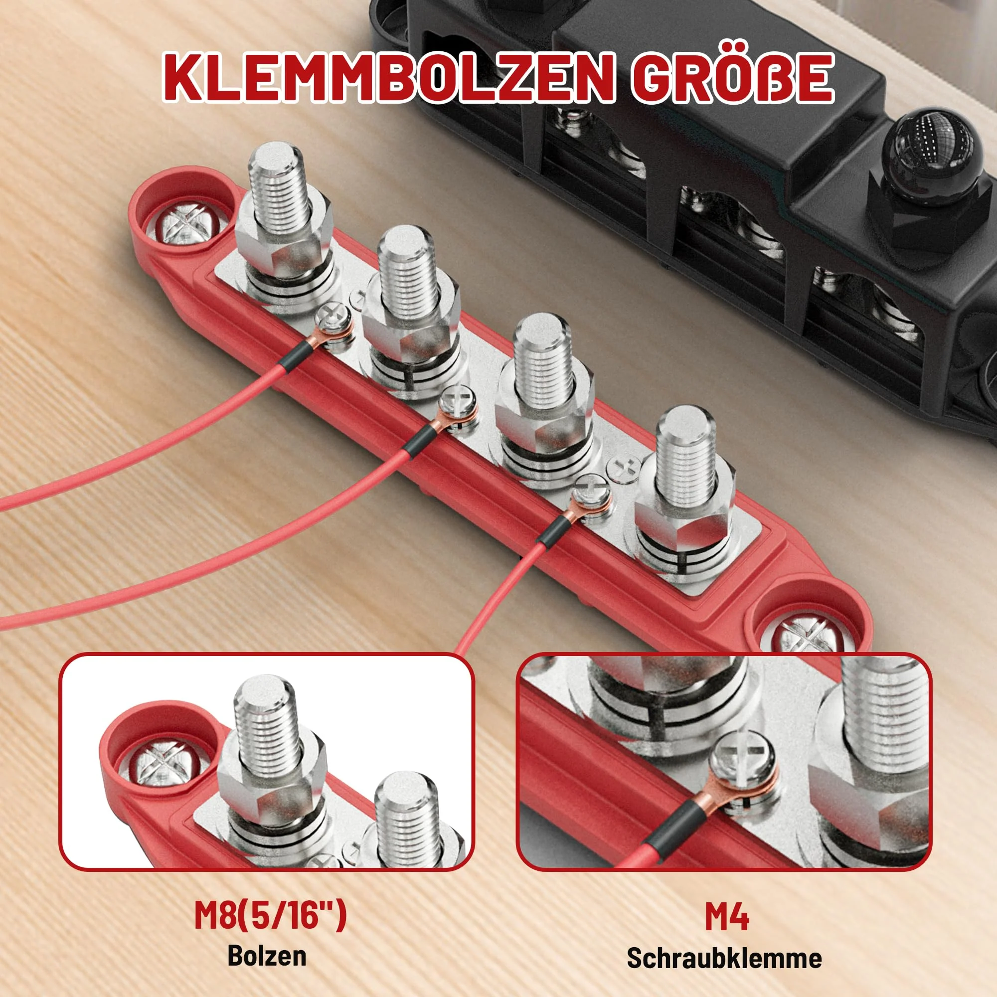 RED WOLF 250A Busbar Distribution Block 12V-48V DC, Distribution Rail with 4x M8/M10 & 3x M4 Terminal Bolts (M8) - Image 3