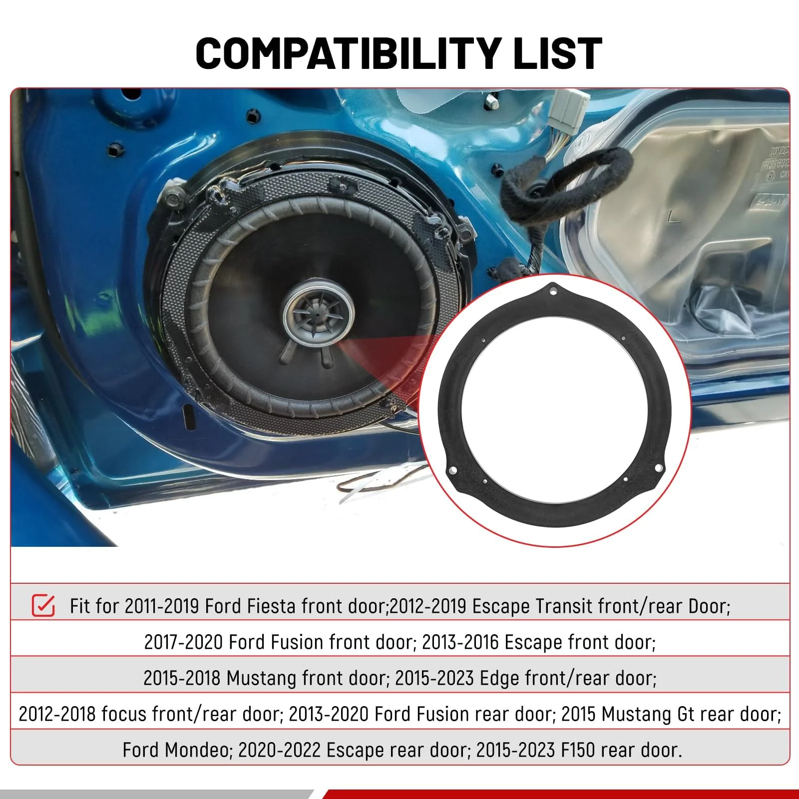 RED WOLF 6.5 Inch Front Rear Door Speaker Adapter Compatible with Ford 2013-2020 Mustang Fusion Fiesta Focus Install 6-1/2" Aftermarket Audio Speaker Spacer Ring Bracket 2 PCS PJFD03-1906 - Image 4