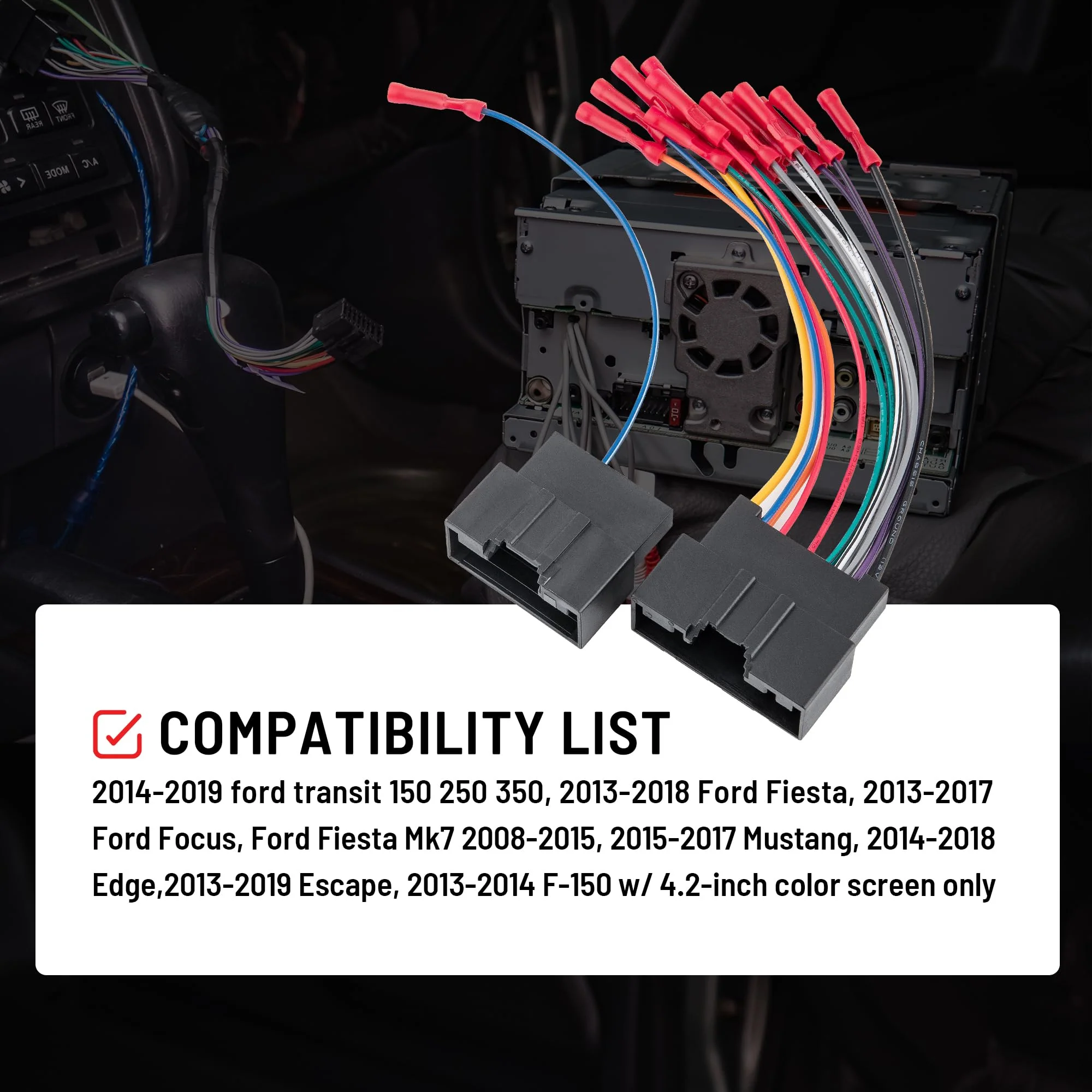 RED WOLF Car Radio Wiring Harness Compatible with Ford Transit 2014-2019, 2013-2018 Ford Fiesta, 2013-2017 Ford Focus Install Aftermarket Stereo Cable Adapter w/Connector Butt for AMP System - Image 2
