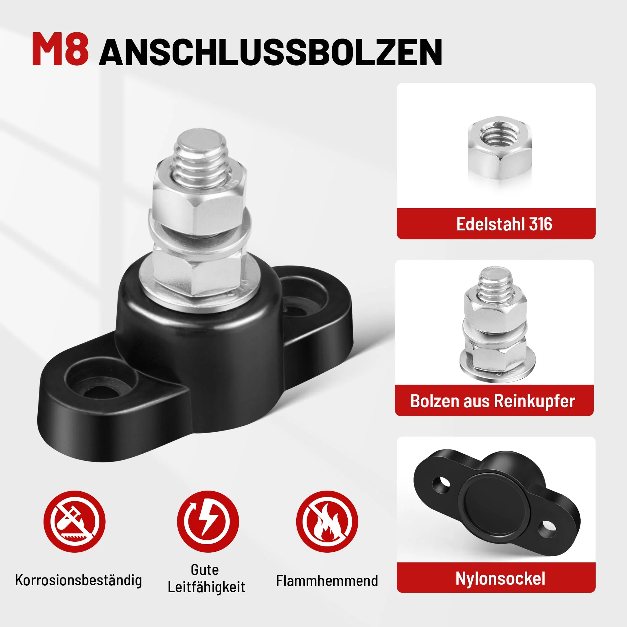 RED WOLF M8 Connection Bolts 150 A 12 V, Battery Terminal Blocks Busbar for Car Truck Motorhome Boat Power Distribution Clamp Block Pack of 2 Single Bolt Busbars - Image 5