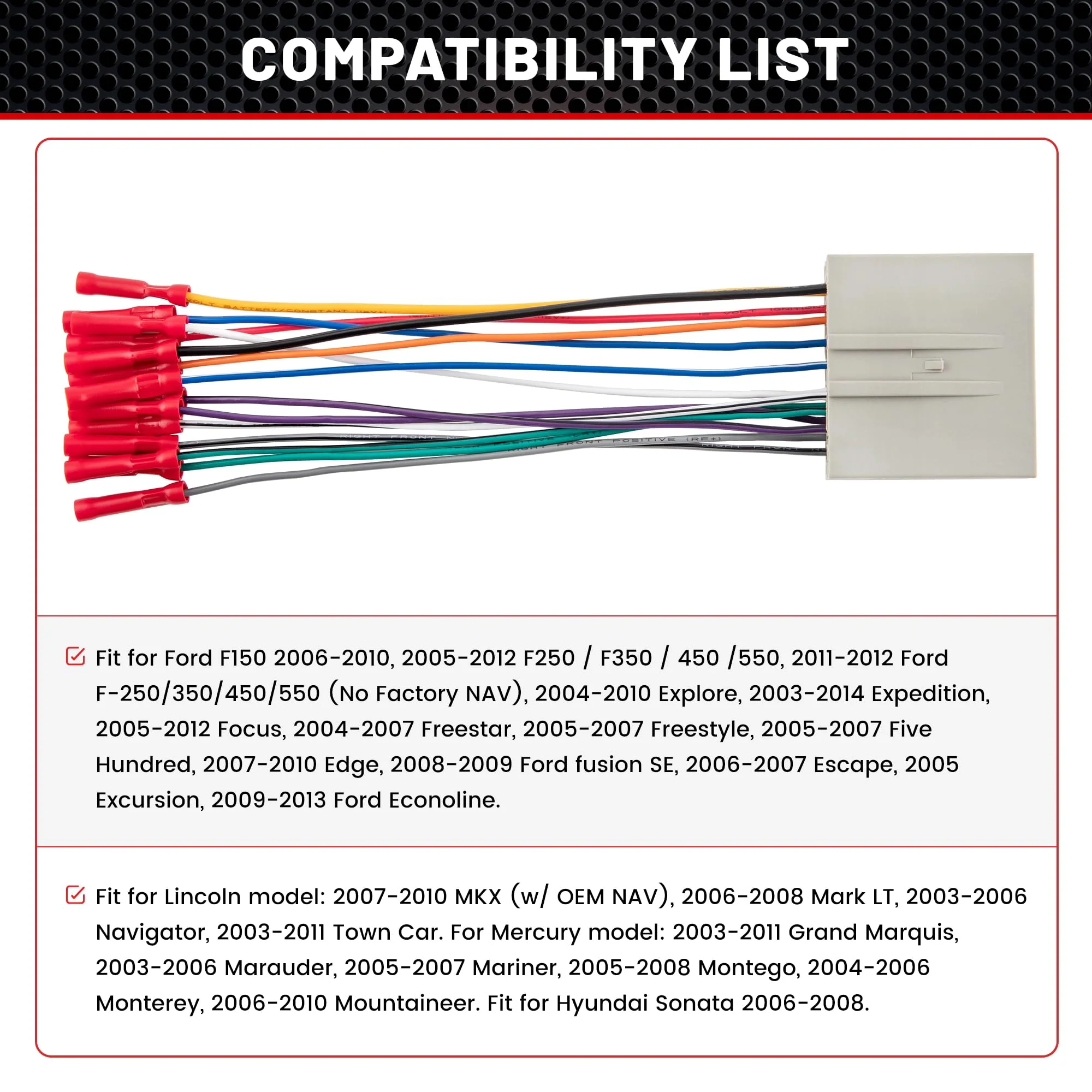 RED WOLF Radio Harness Compatible with Ford 2003-Up F150 Focus Explorer Lincoln MKX for 2006-2008 Hyundai Sonata Install Aftermarket Stereo Power Speaker Wiring Harness w/Connector Butt - Image 2